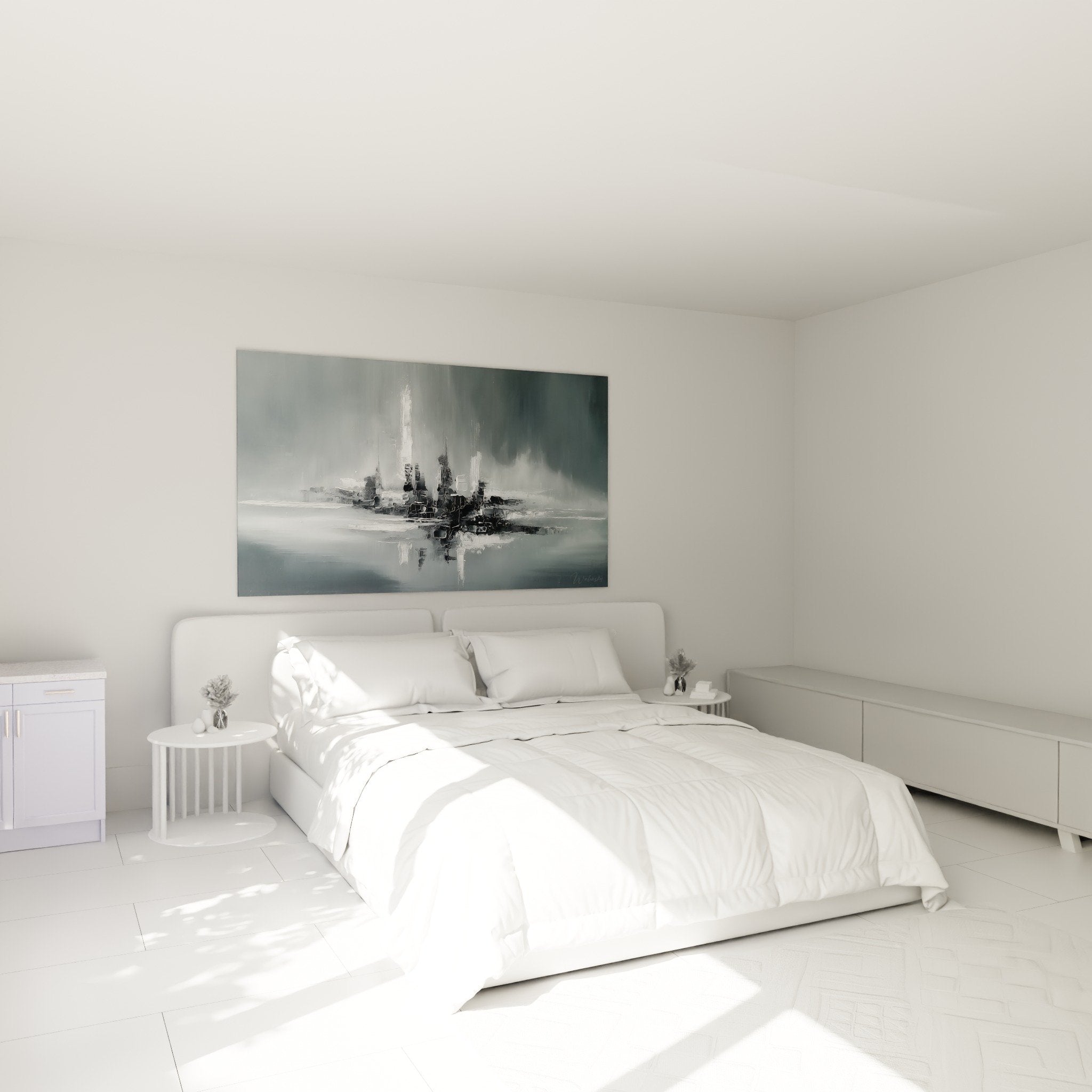 Abstract gray and white wall art in modern bedroom, harmonious feng shui décor