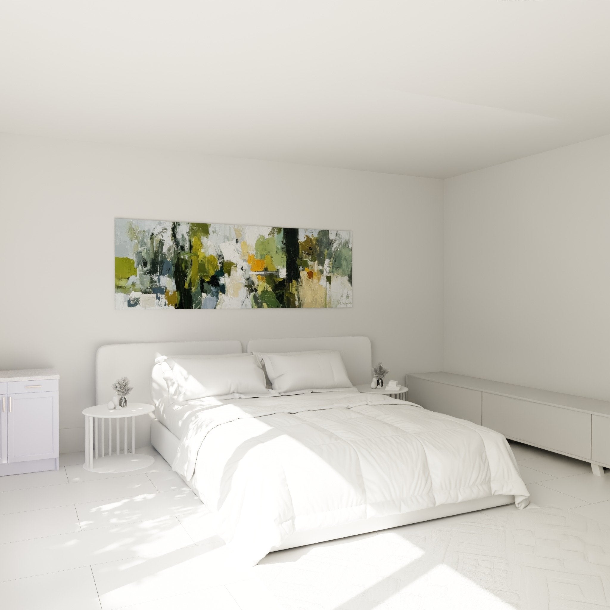 Tableau abstrait tons naturels verts et ocres dans chambre moderne avec mobilier bois - déco Feng shui Est Bois