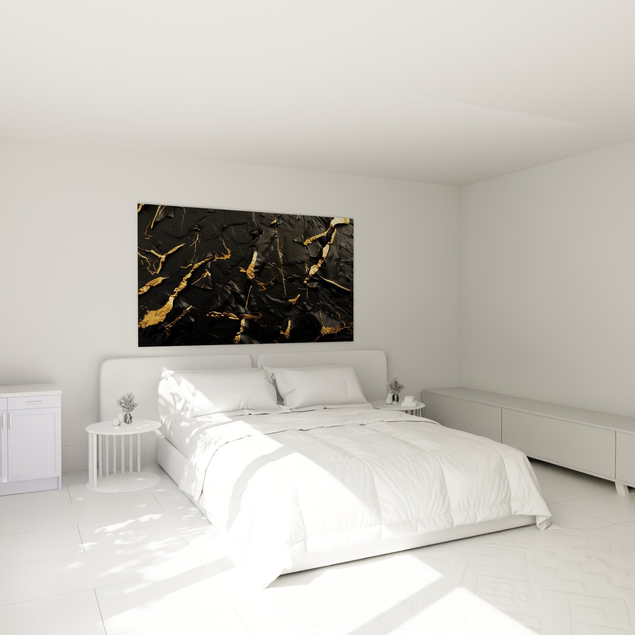 Abstract black and gold wall art in elegant contemporary bedroom