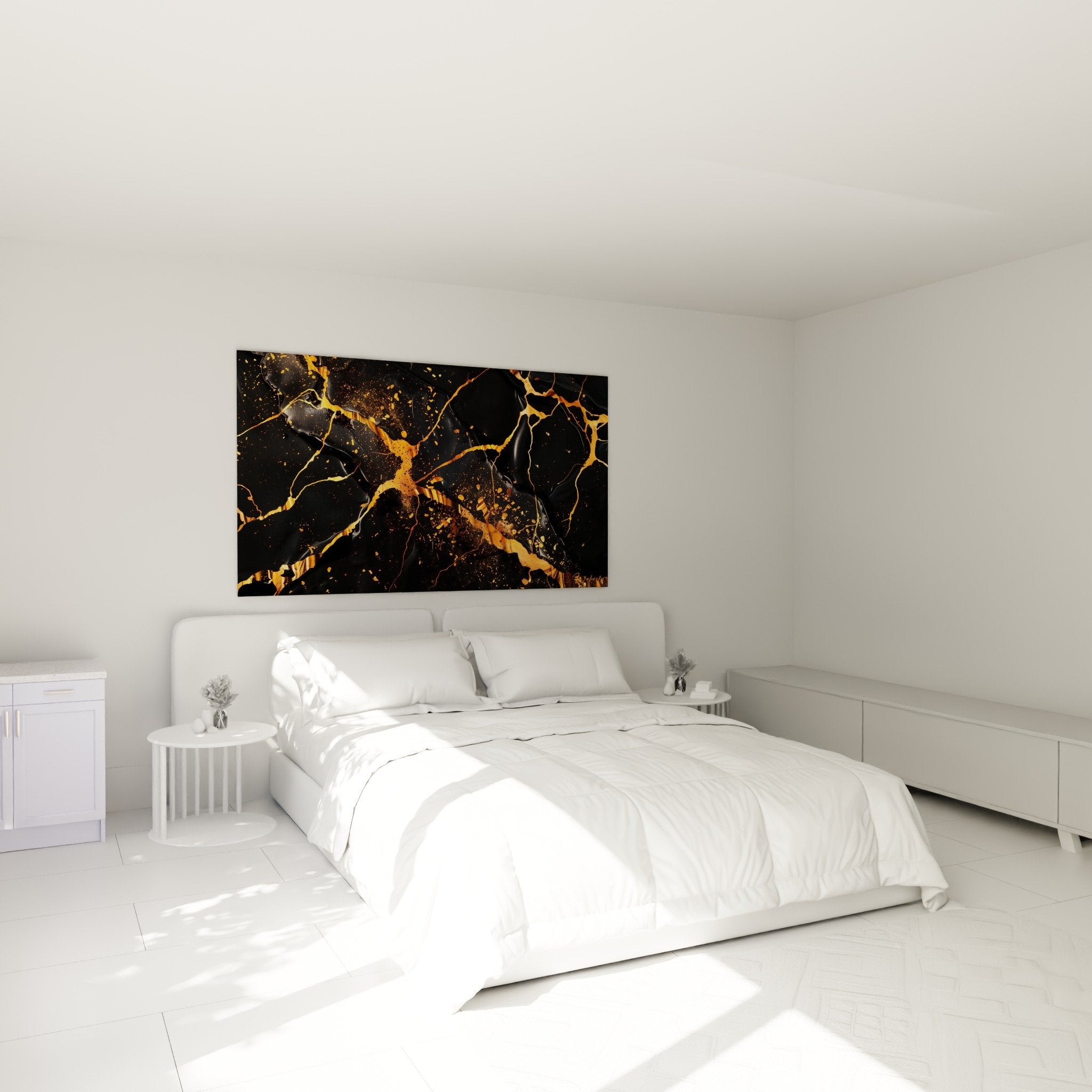 Décoration chambre moderne tableau abstrait noir et or avec fissures dorées sur mur blanc épuré