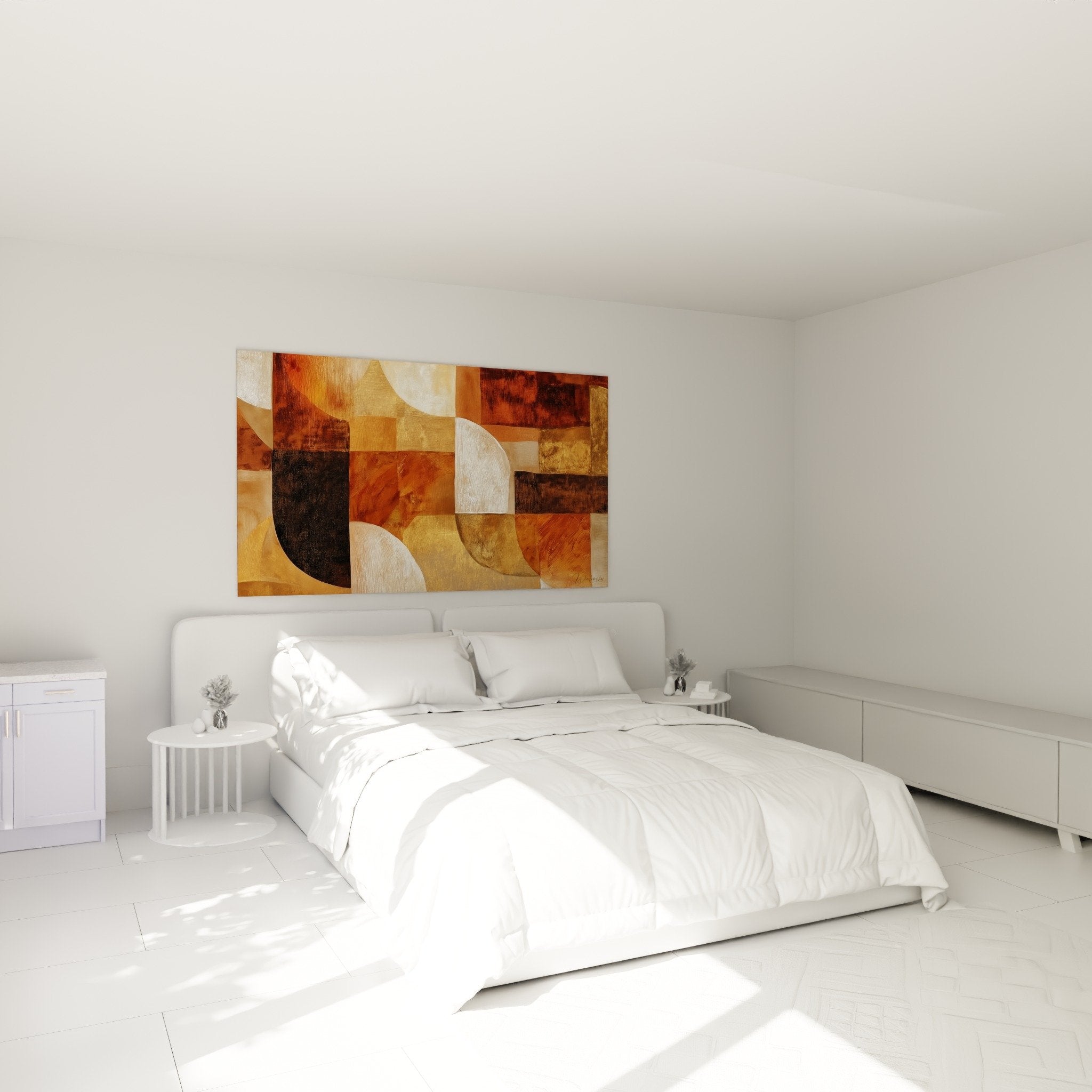 Décoration chambre avec tableau africain abstrait ocre au-dessus du lit, ambiance chaleureuse