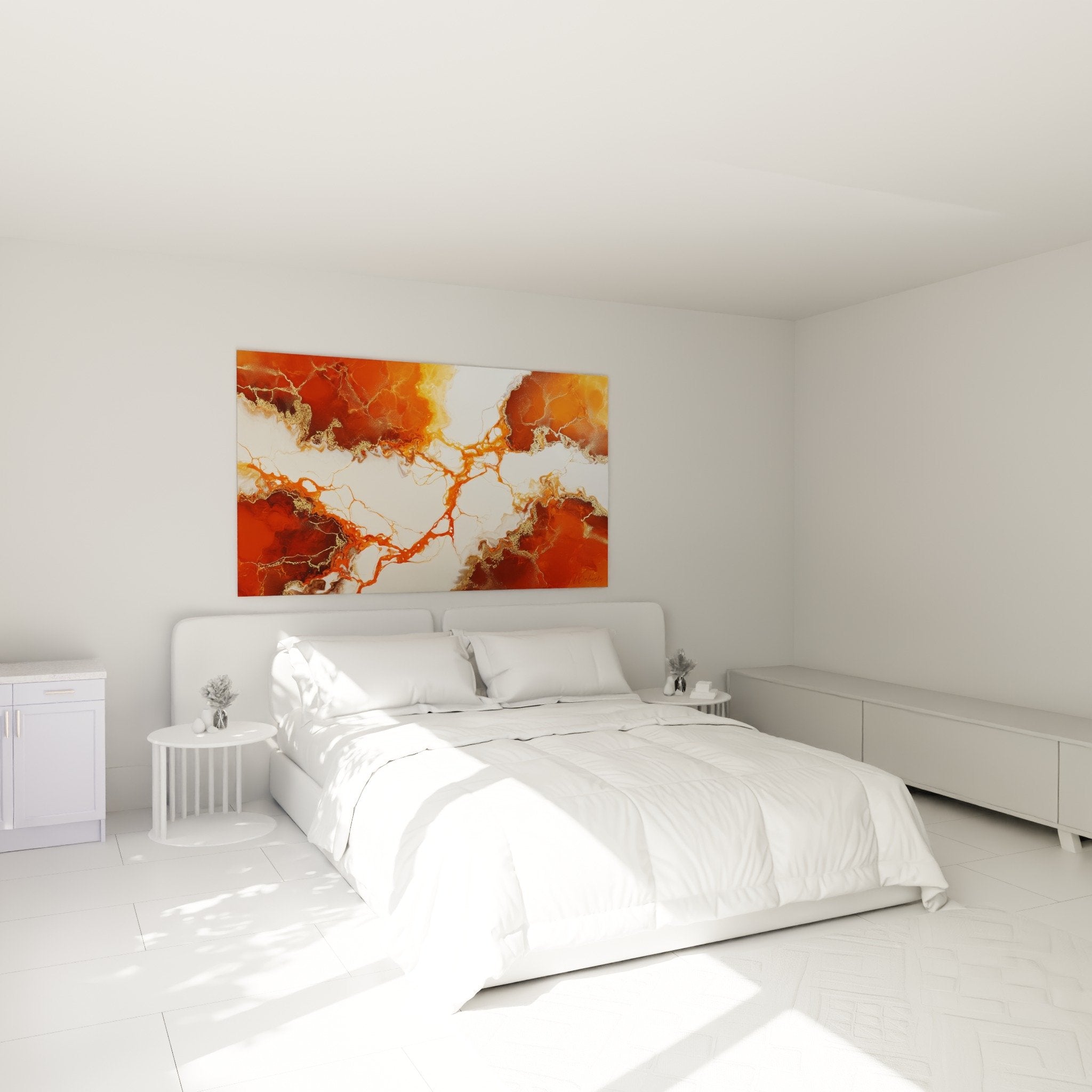 Abstraktes orangegoldenes Gemälde im modernen Schlafzimmer, warme und raffinierte Atmosphäre
