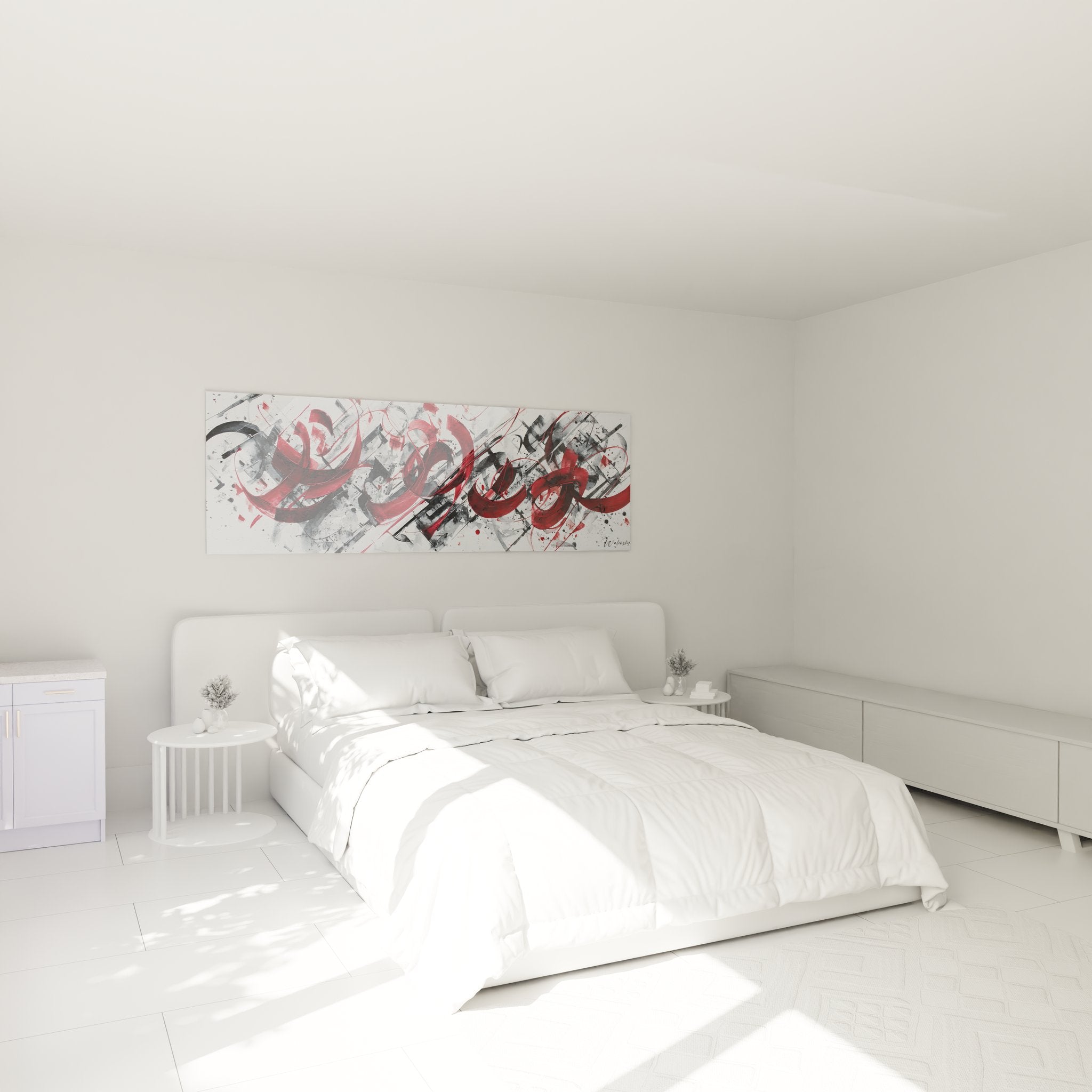Tableau mural abstrait rouge et noir décorant une chambre moderne - ambiance contemporaine