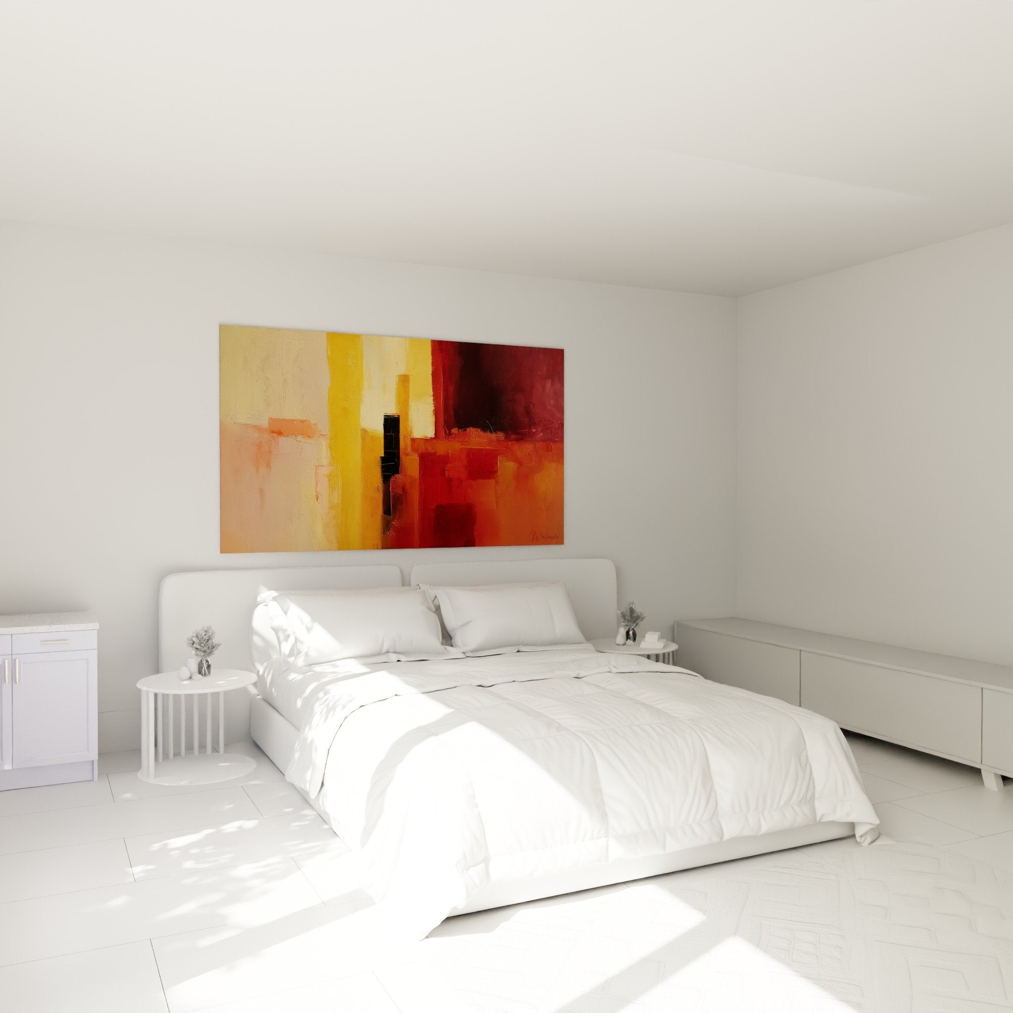 Abstract red orange painting in modern bedroom wall decor feng shui south fire element