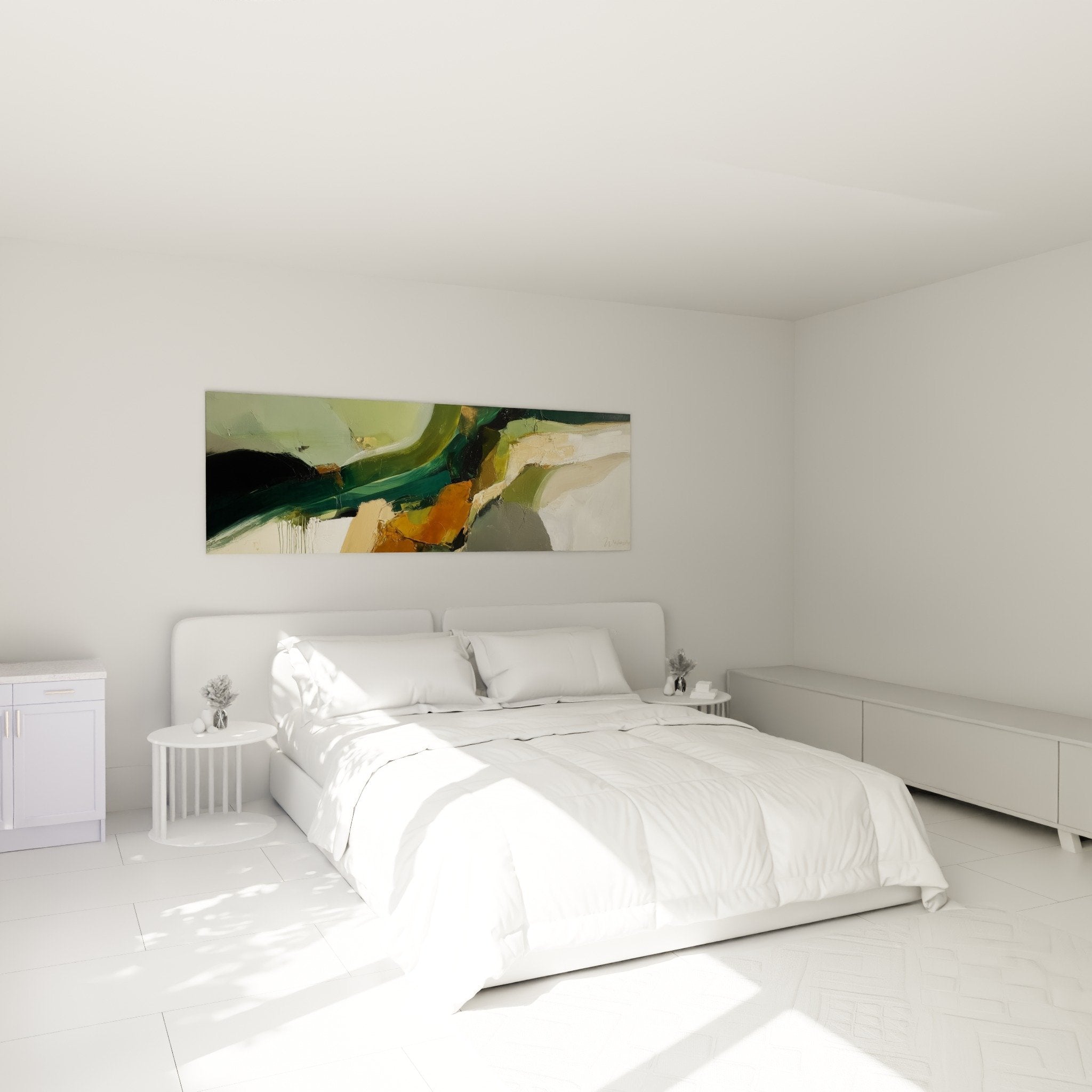 Abstraktes Gemälde mit fließenden grünen und orangefarbenen Formen im modernen Schlafzimmer, Feng-Shui-Dekoration im Osten, Holz