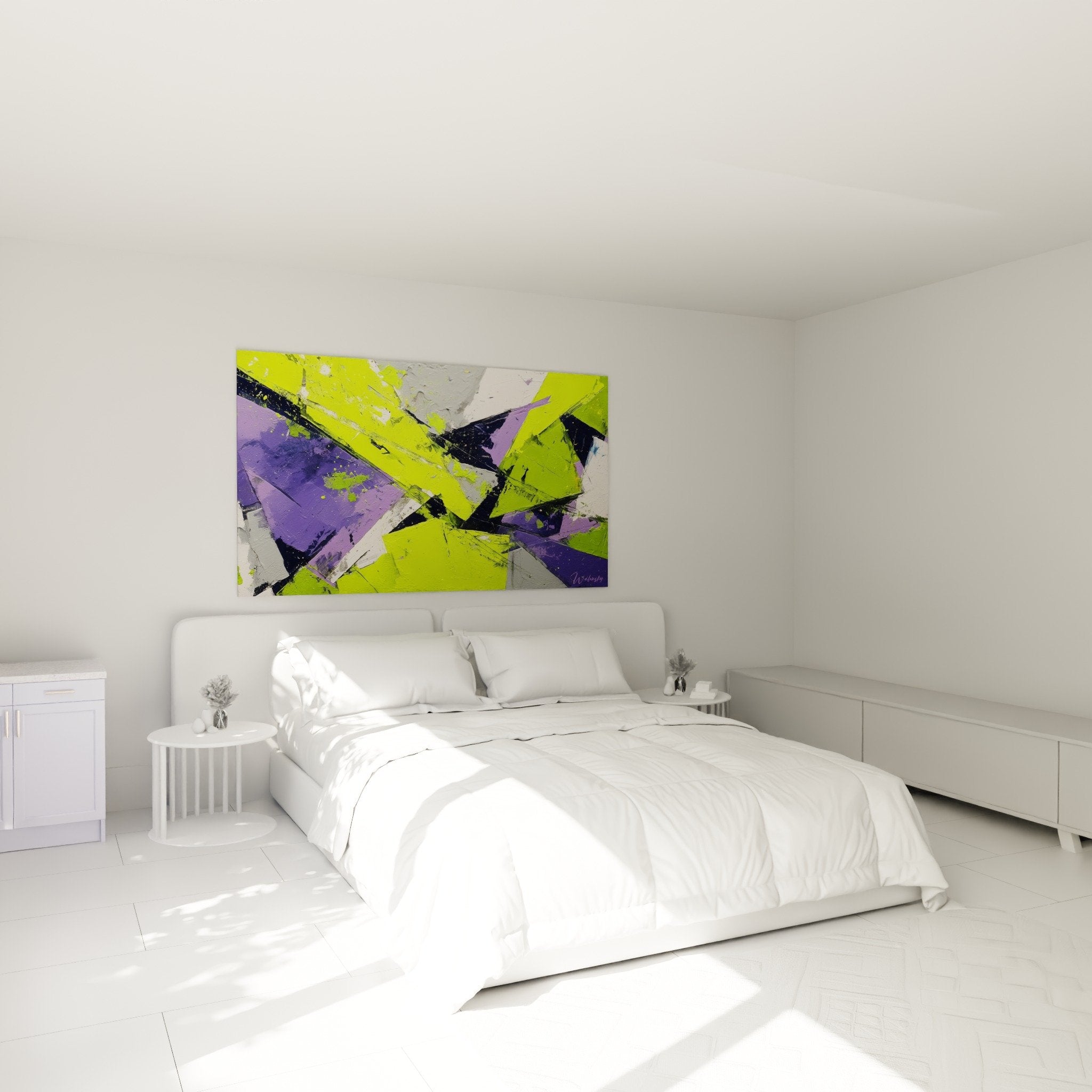 Abstract green lime purple geometric shapes bedroom wall art contemporary decor