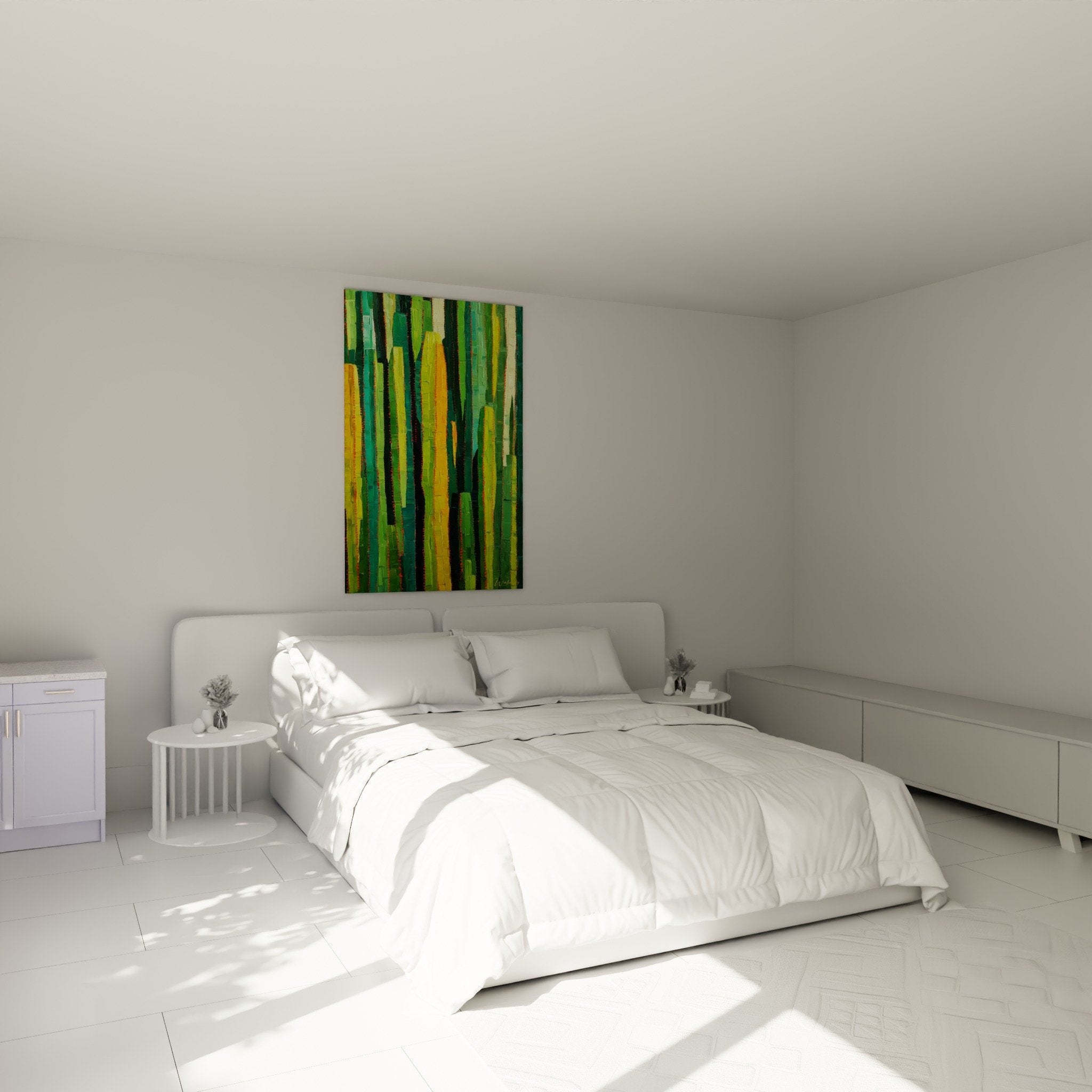 decoration murale chambre tableau abstrait vert orange ambiance moderne nature desert cactus