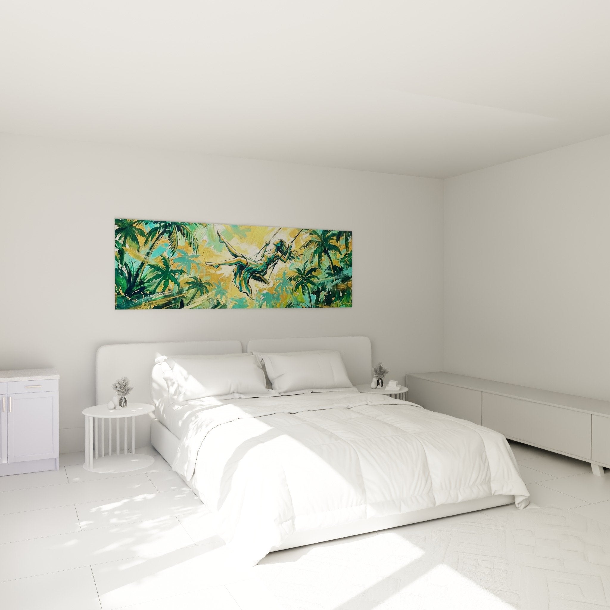 Tableau acrobate tropical turquoise et or dans chambre moderne avec decoration exotique