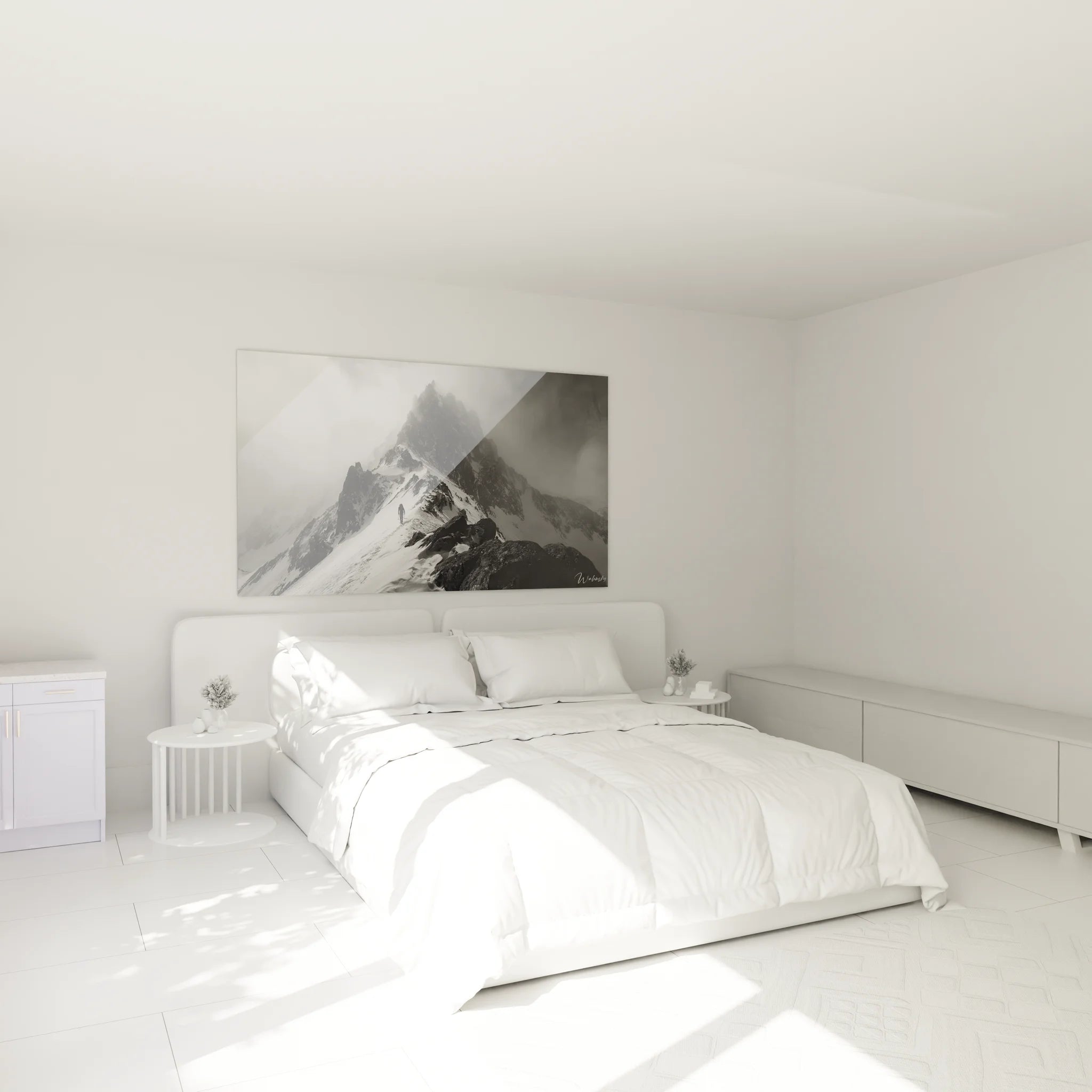 Déco chambre tableau alpiniste montagne noir et blanc ambiance moderne élégante