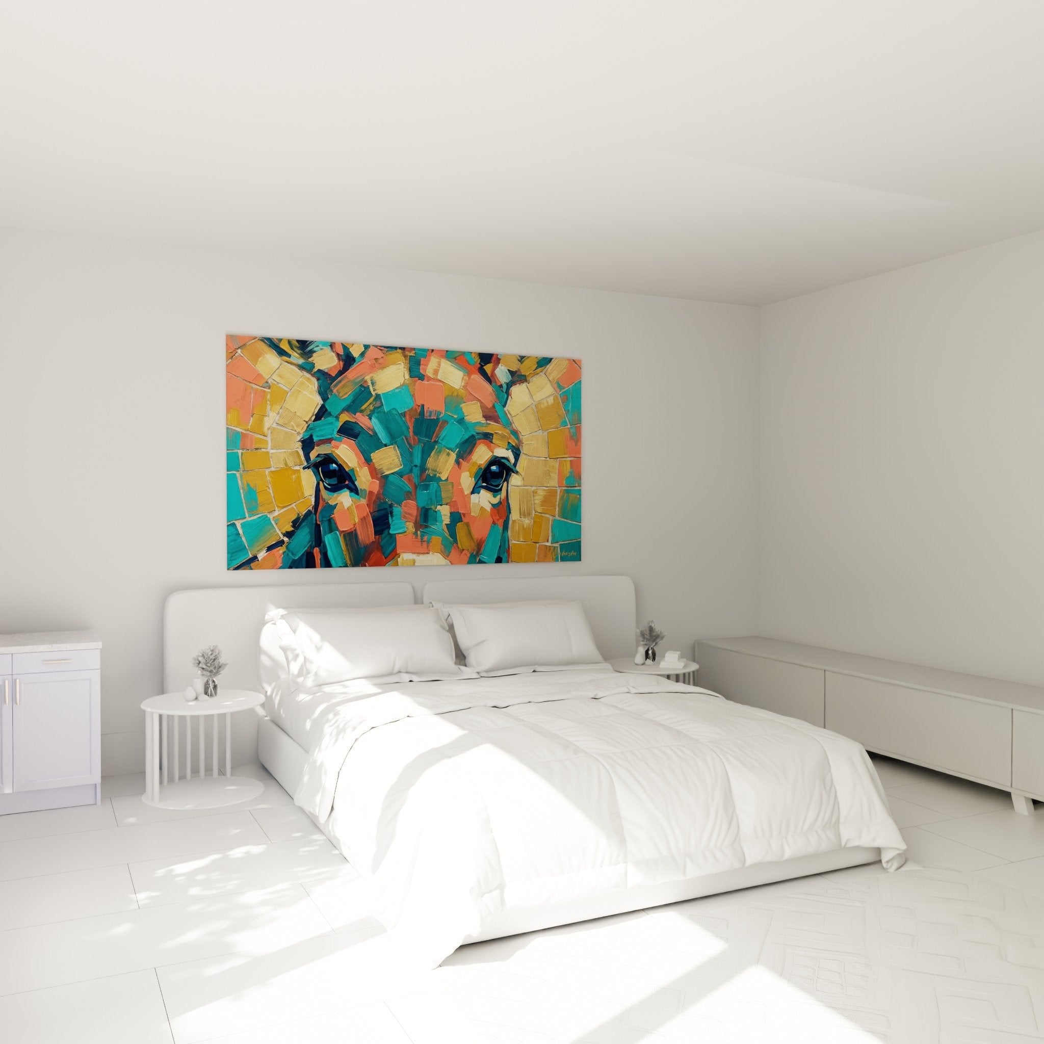 Bedroom wall art donkey mosaic colorful turquoise coral contemporary interior design mural