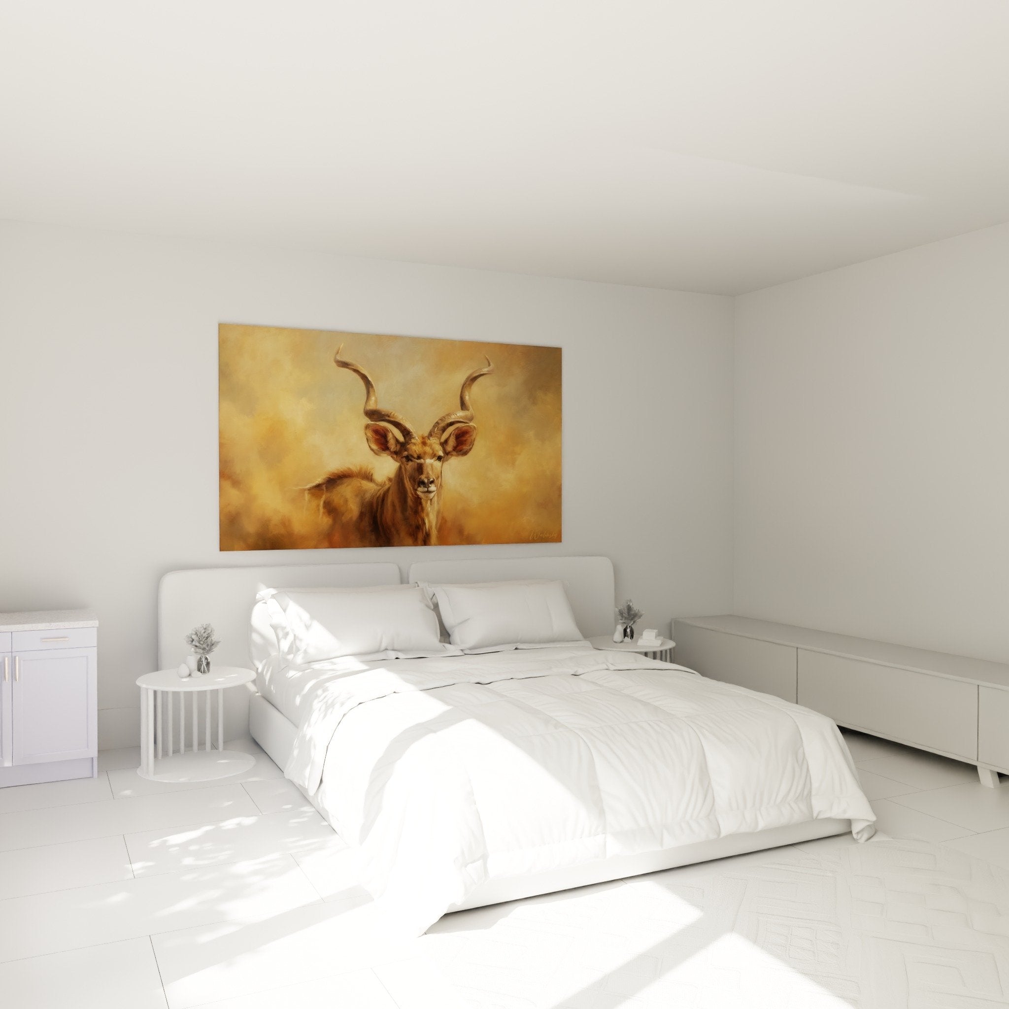 Schlafzimmerdekoration mit Antilopenbild in warmen Farben, elegante Safari-Atmosphäre