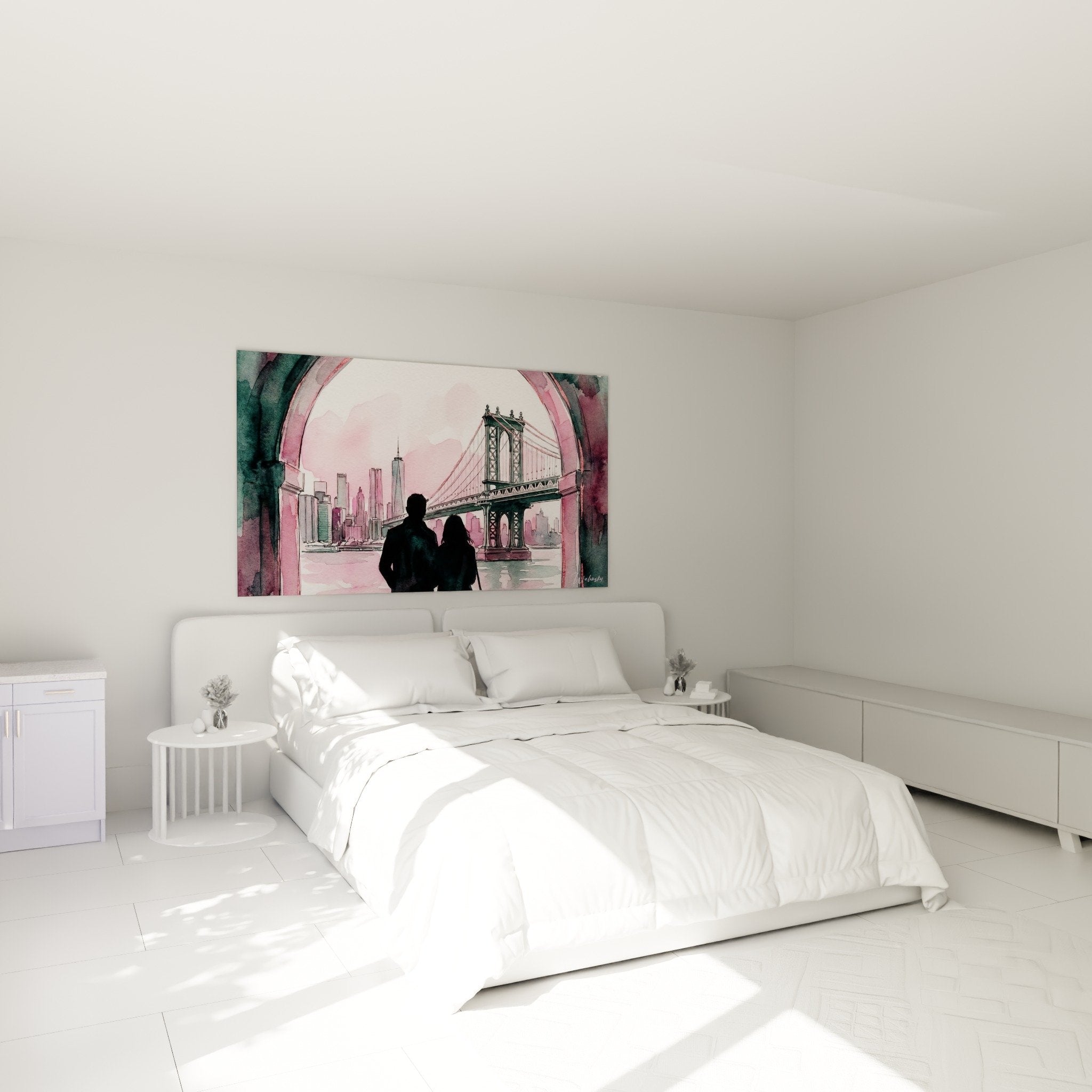 Décoration chambre tableau aquarelle romantique Manhattan couple pont rose turquoise ambiance cosy