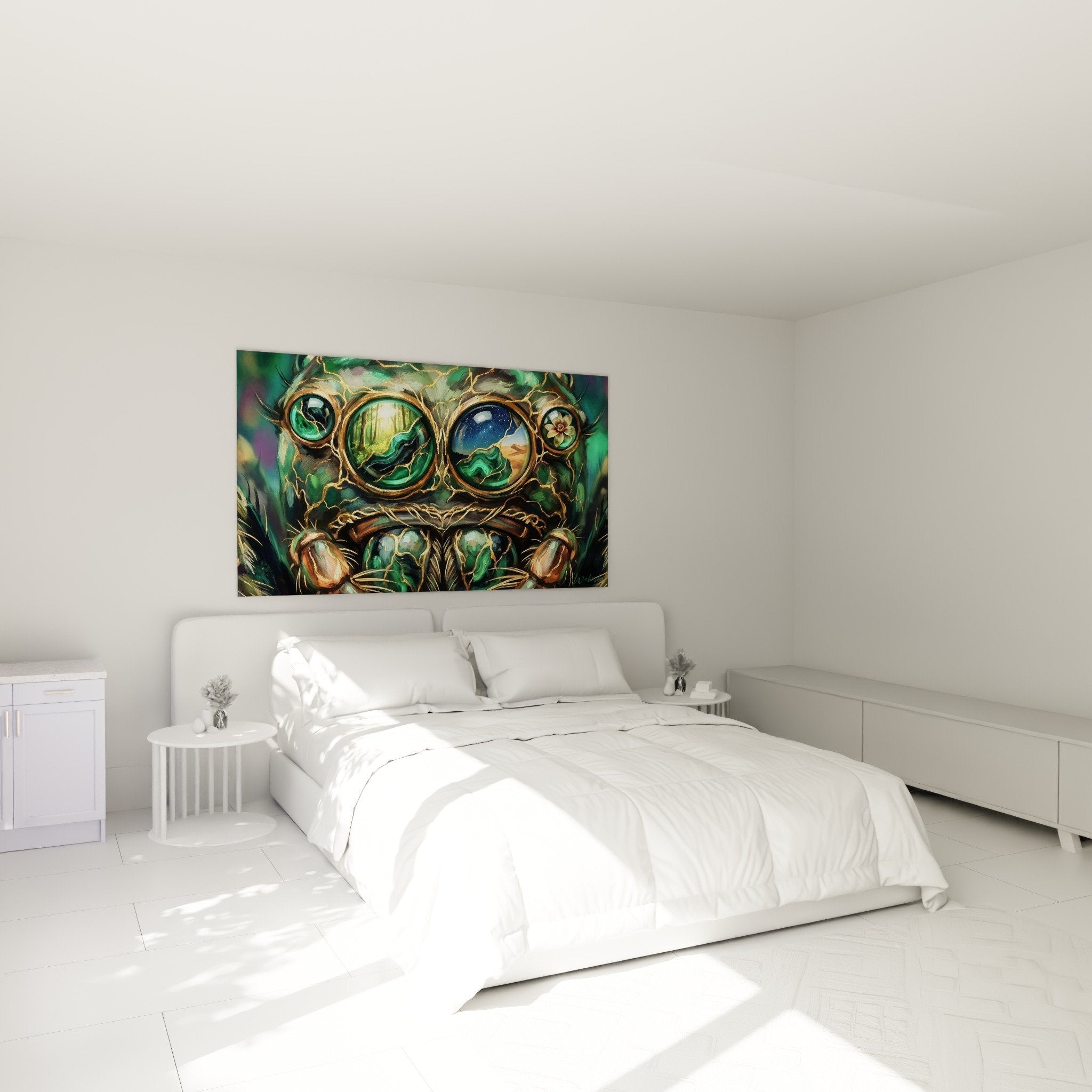 Spinnen-Kunstwerk mit goldenen Augen, das ein modernes Schlafzimmer mit hellen Wänden und zeitgenössischen Möbeln dekoriert