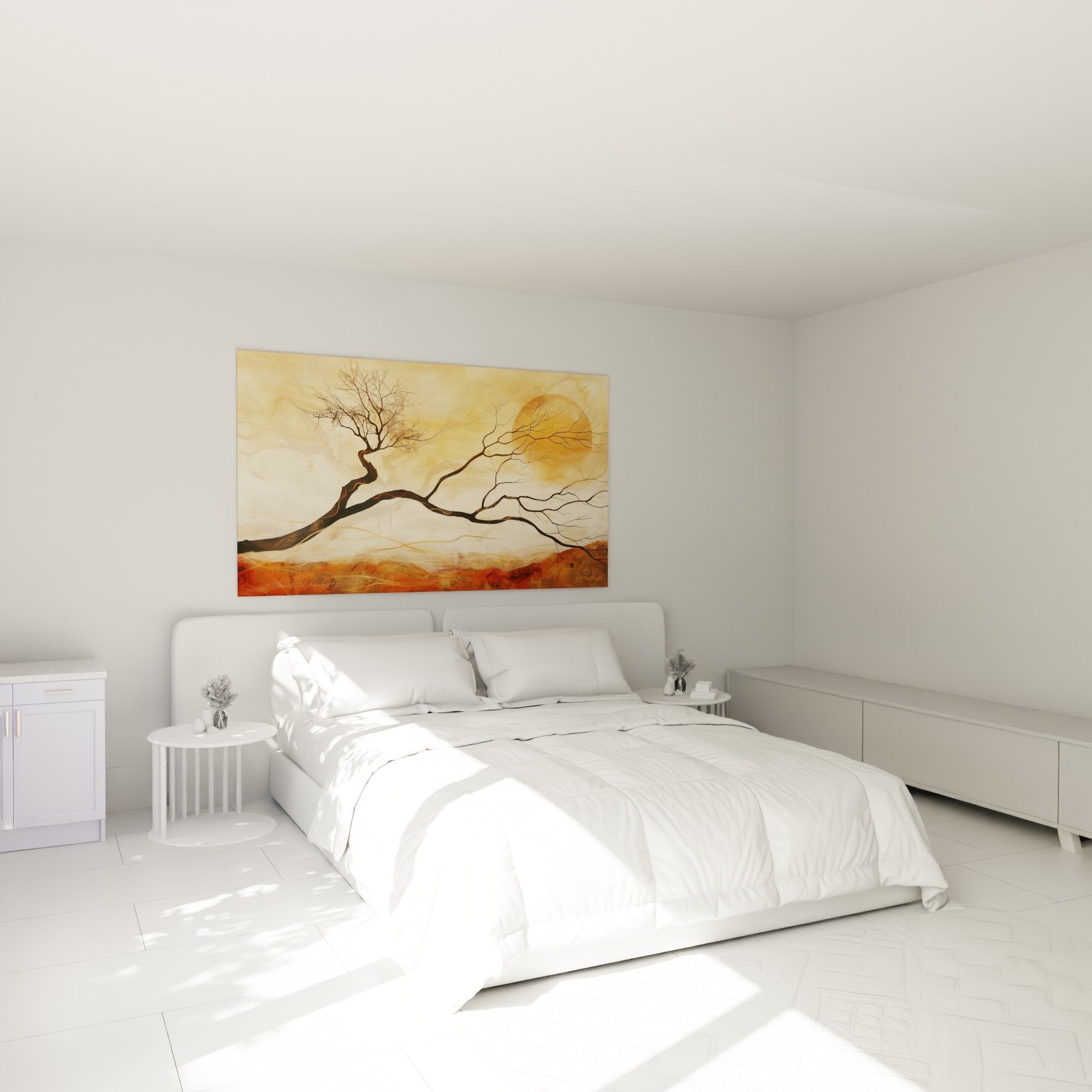 wall decoration bedroom painting desert tree zen ambiance warm golden beige tones