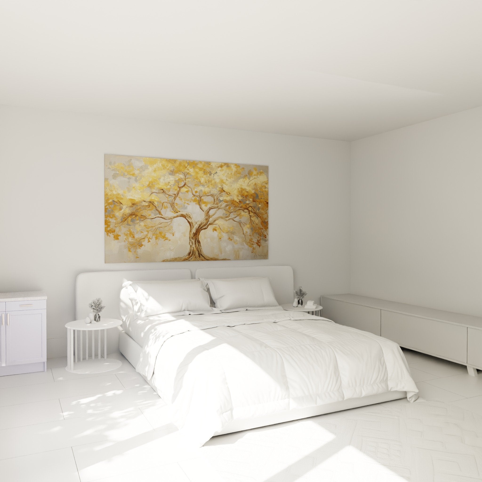 Tableau arbre doré dans chambre moderne murs blancs décoration murale apaisante ambiance cocooning naturelle