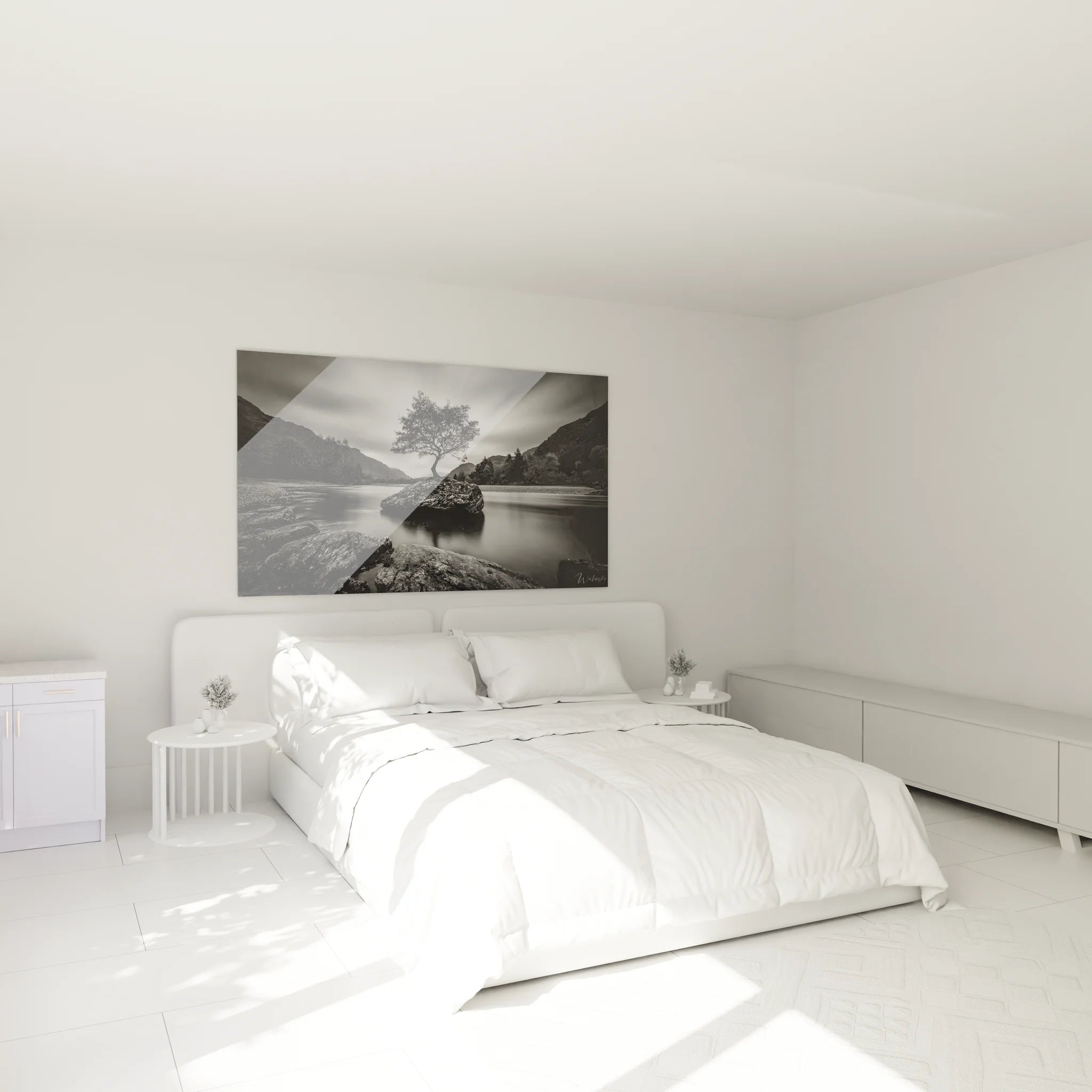 Décoration chambre tableau paysage noir et blanc arbre lac pour ambiance zen et apaisante