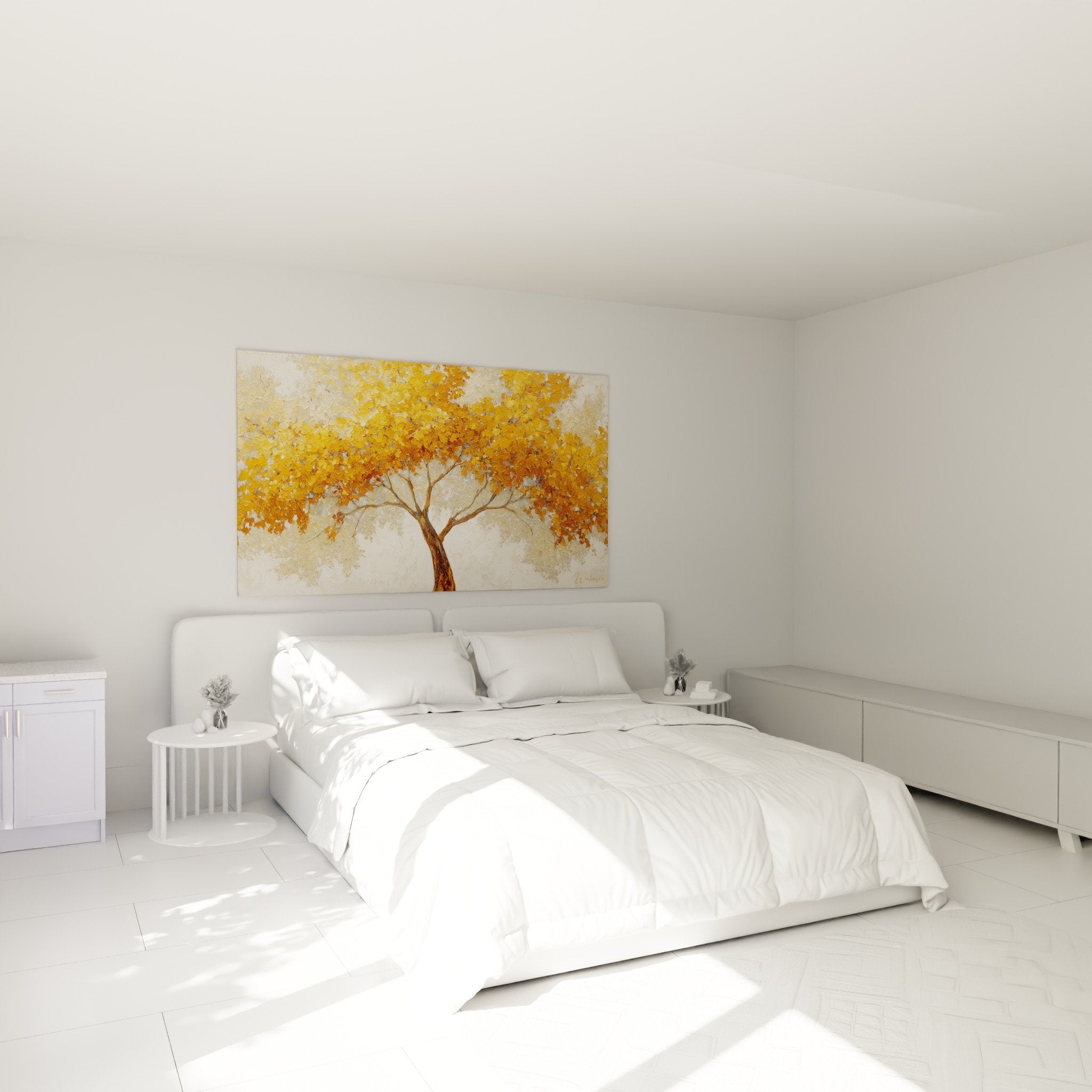 Deco chambre tableau arbre de vie dore ambiance cocooning murale beige tons chauds automne