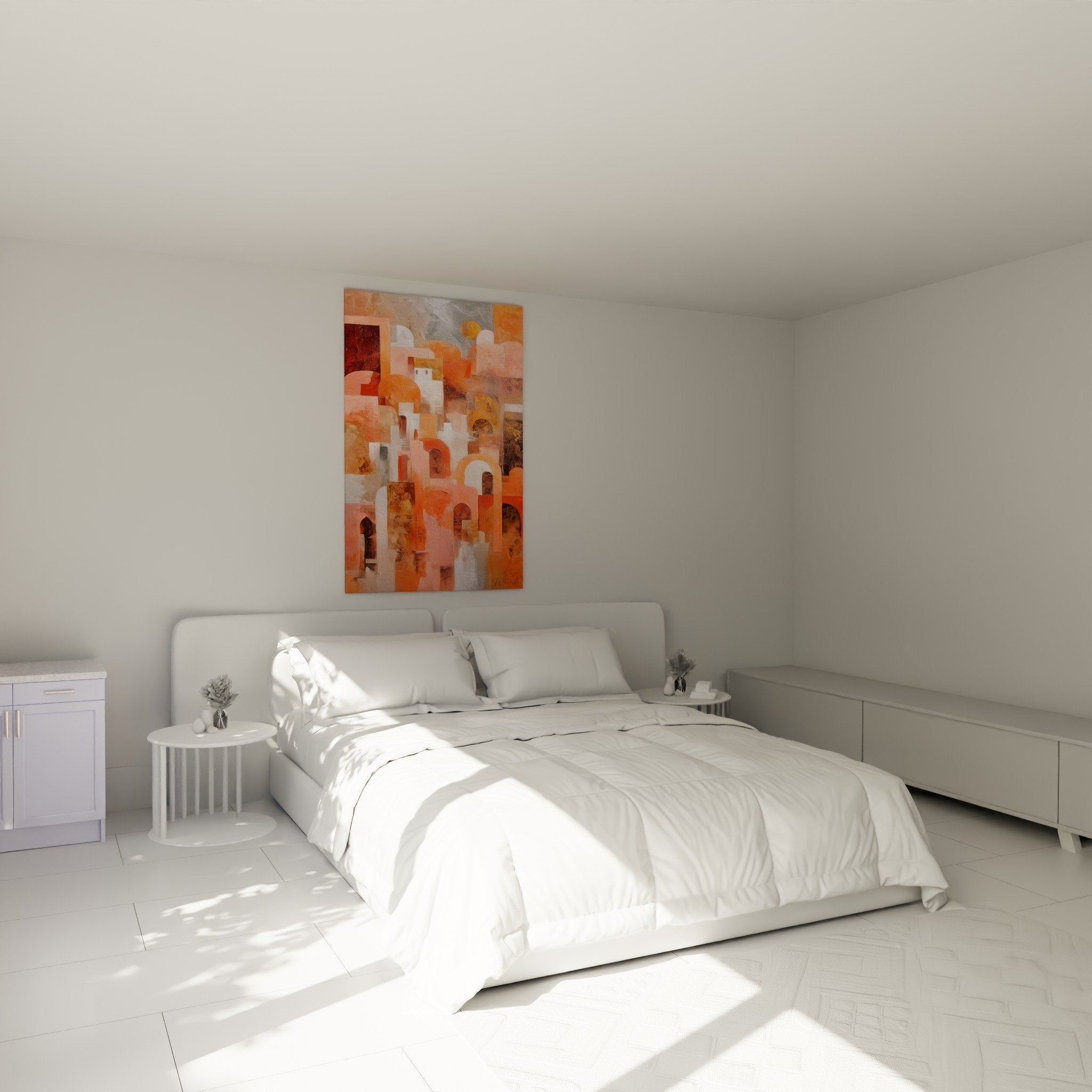 Abstract orange architecture wall art in bedroom with feng shui southwest earth tones and warm ambiance