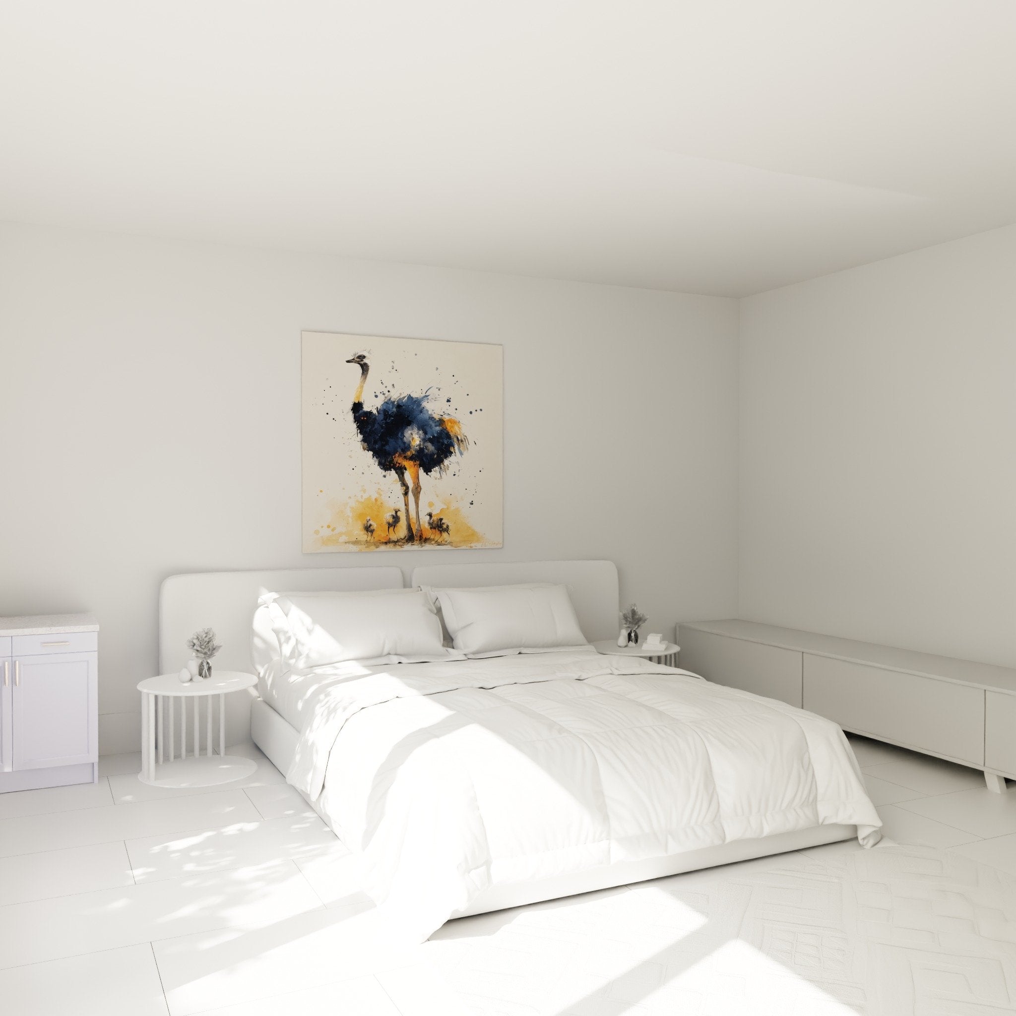 Decoration chambre tableau autruche famille aquarelle bleue orange accroche au mur blanc moderne