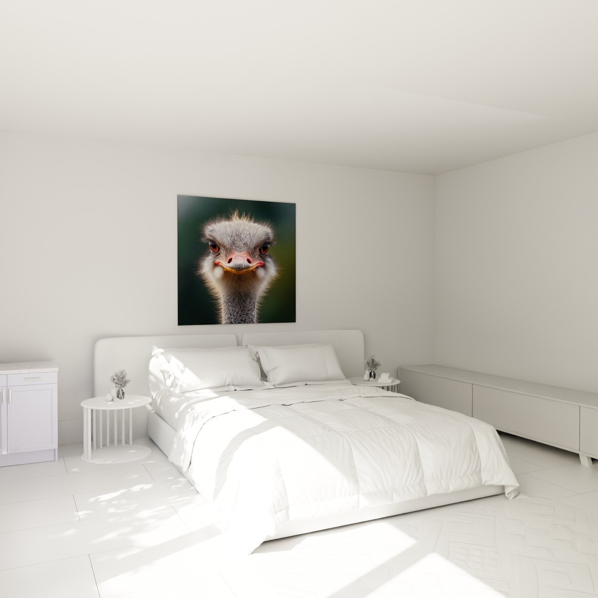 Tableau autruche portrait gris ambré déco chambre mur blanc art animalier moderne élégant