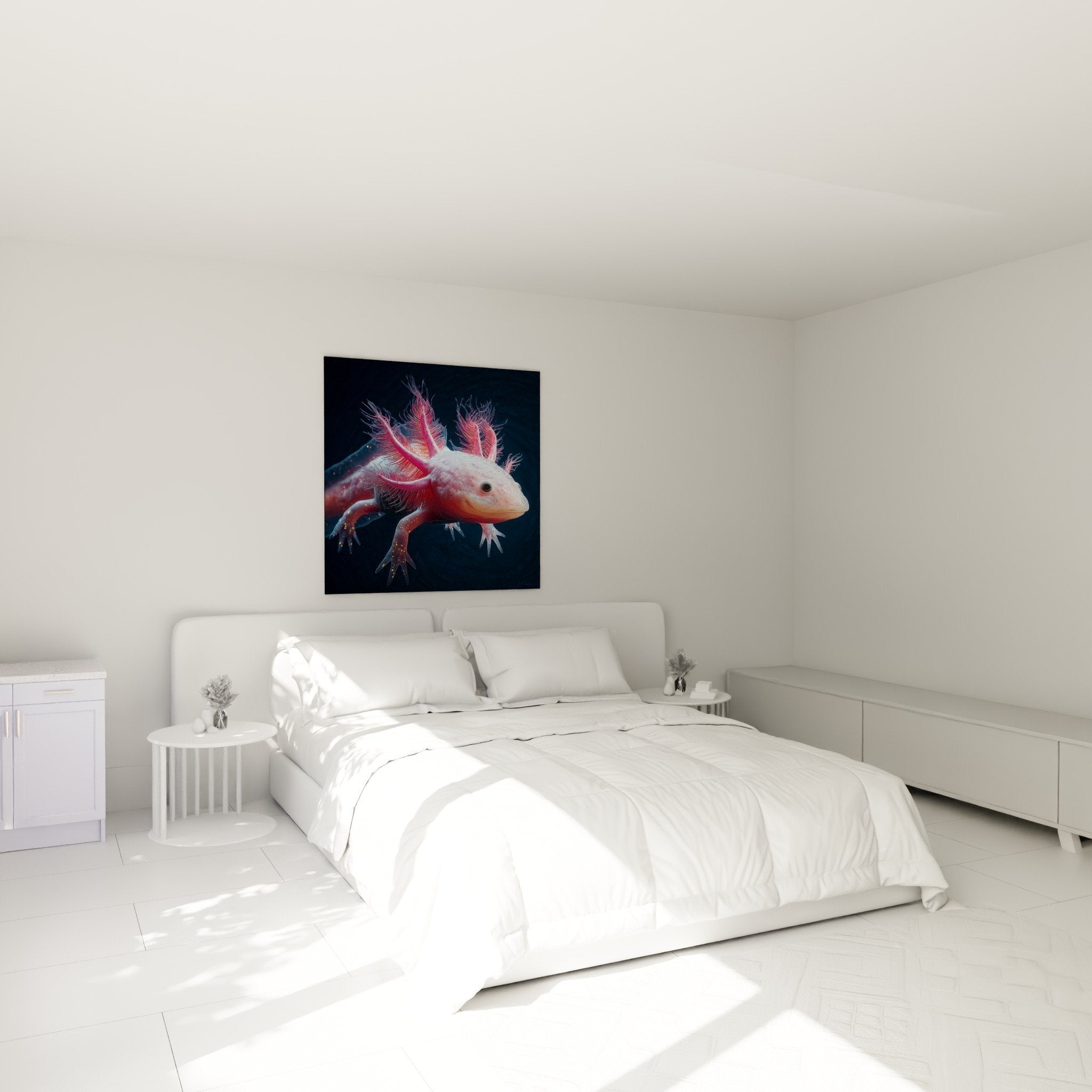 Déco chambre avec tableau axolotl rose - ambiance apaisante et nature aquatique murale