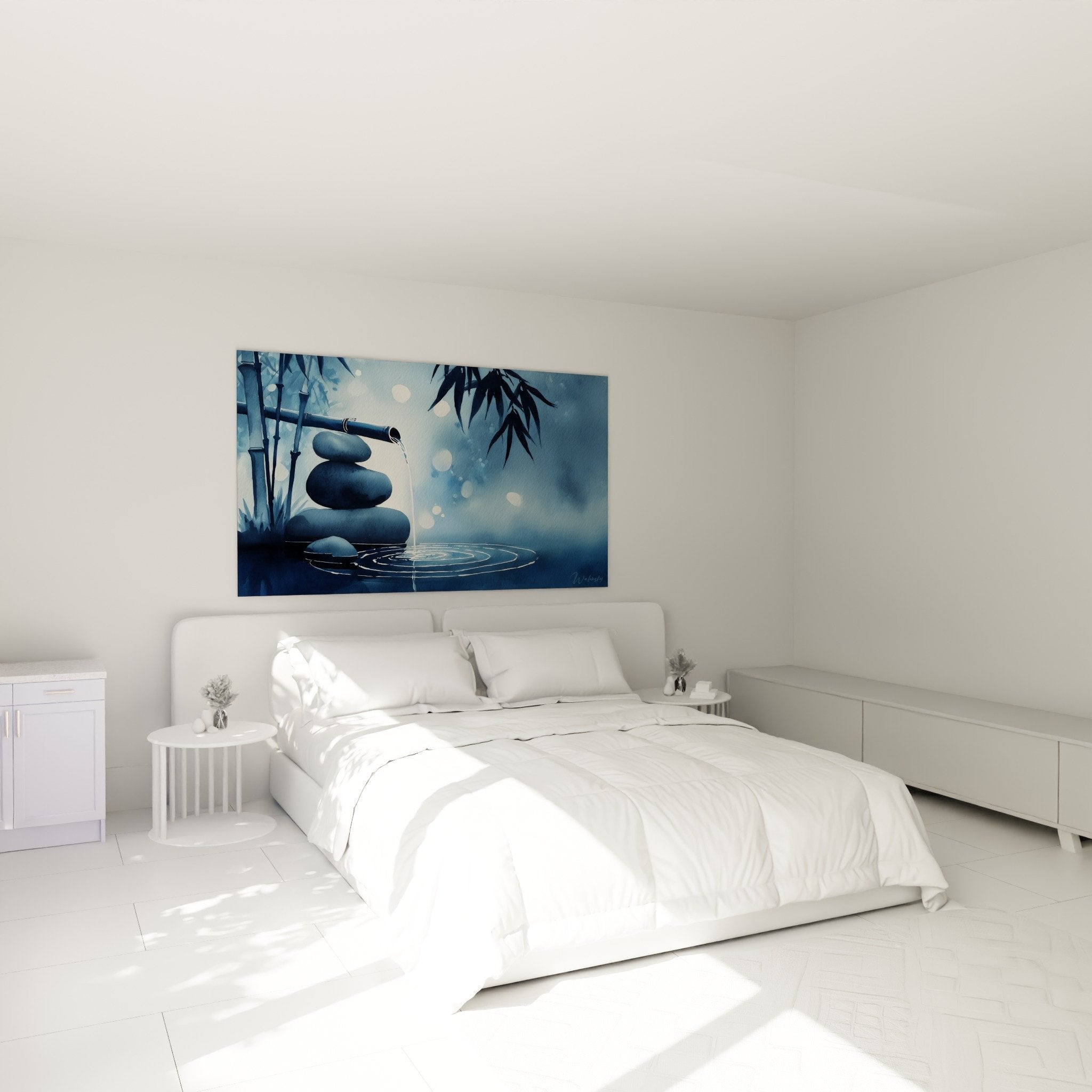 Ambiance chambre tableau bambou cascade bleu decoration zen feng shui mur tete de lit