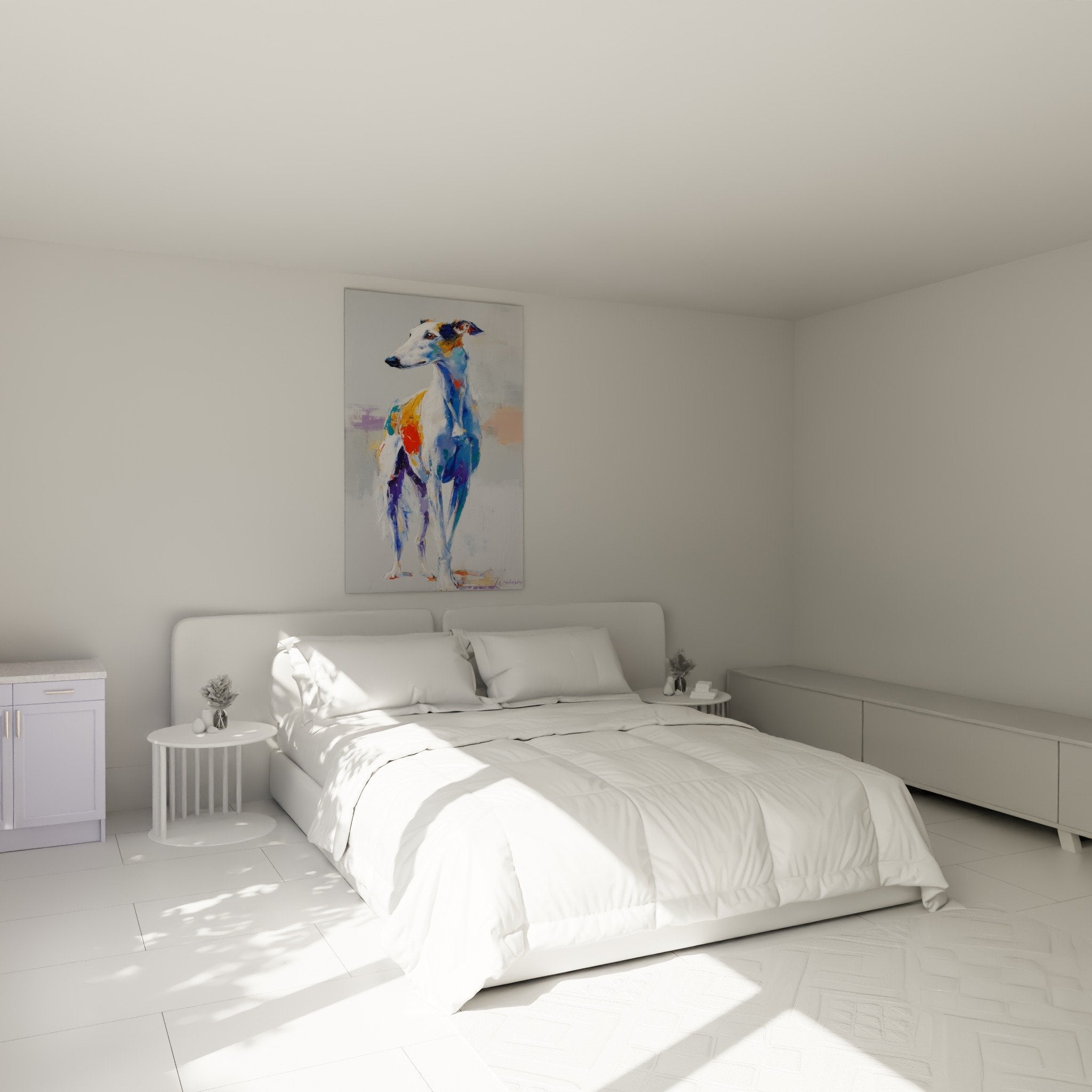 Décoration chambre avec tableau coloré de lévrier barzoi bleu orange, ambiance artistique moderne sur mur blanc