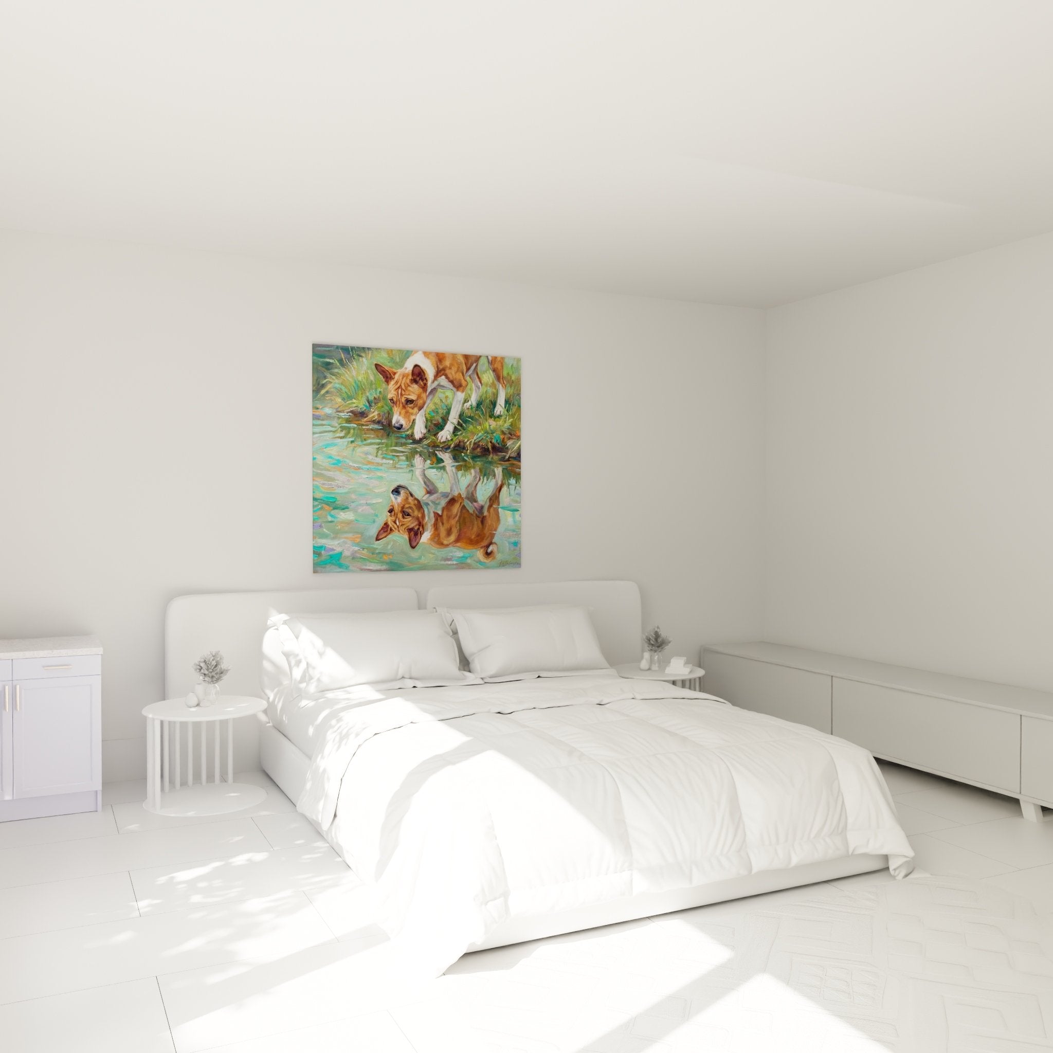 Basenji dog painting by the water hung in modern bedroom with natural and soothing tones