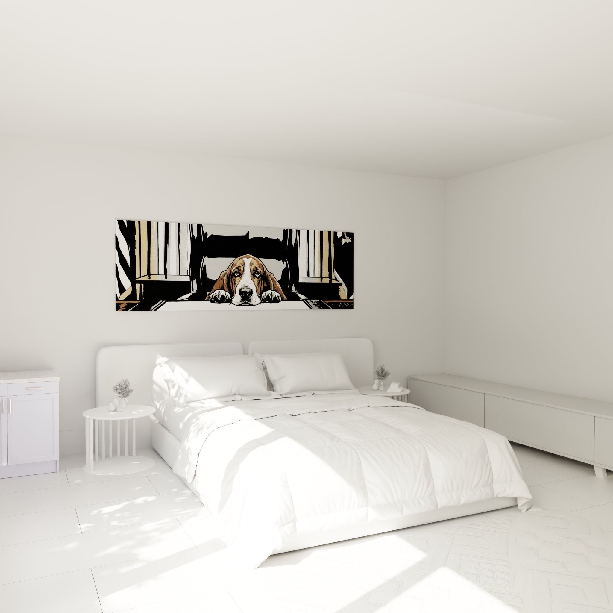 Déco chambre avec tableau Basset Hound panoramique, ambiance cocooning murs clairs mobilier moderne