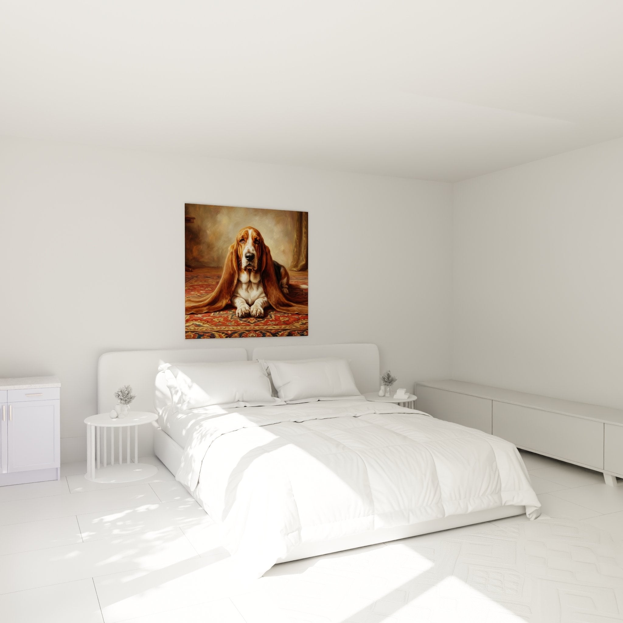 Déco chambre avec tableau Basset Hound aux tons chauds roux et beige dans ambiance cocooning apaisante