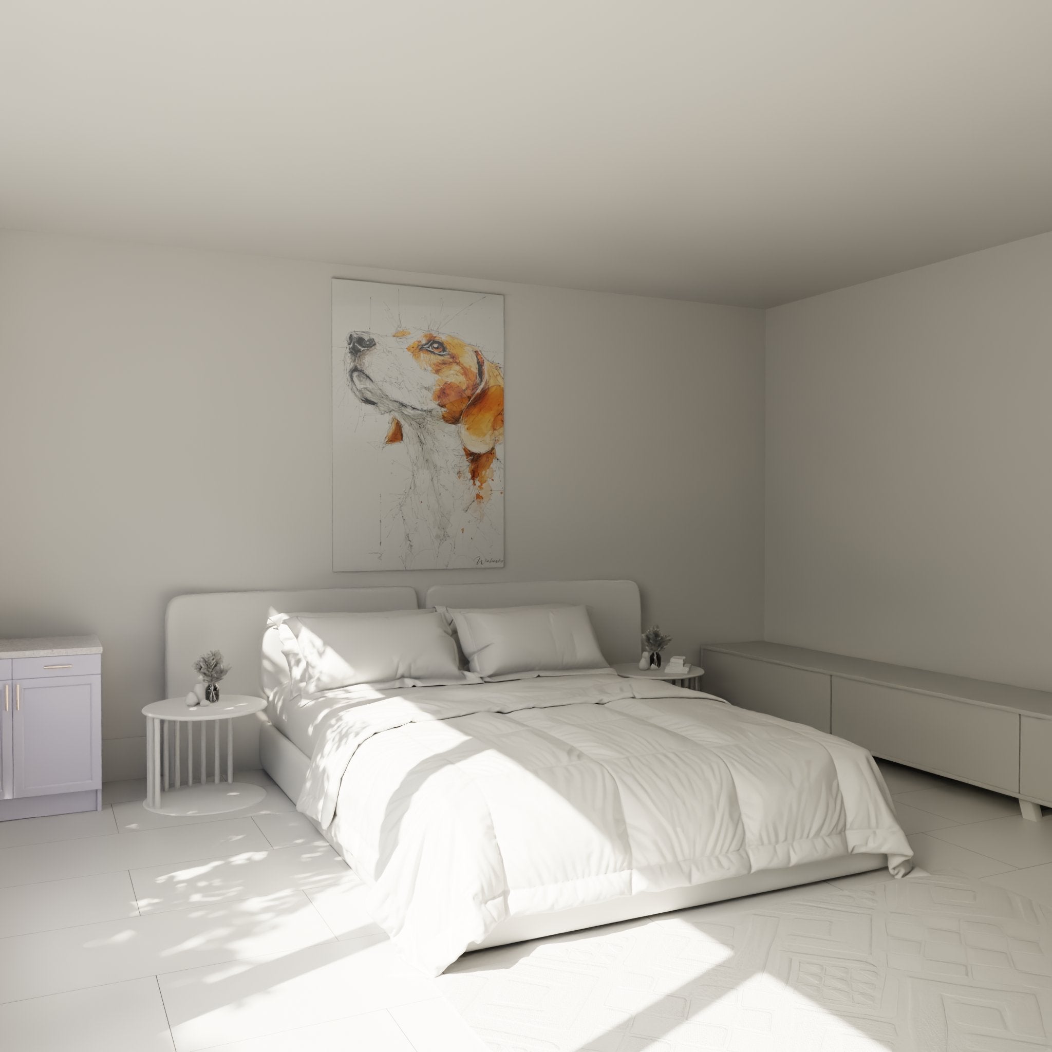 Künstlerisches Porträt eines orange-weißen Beagles, das ein modernes Schlafzimmer mit hellen Wänden dekoriert