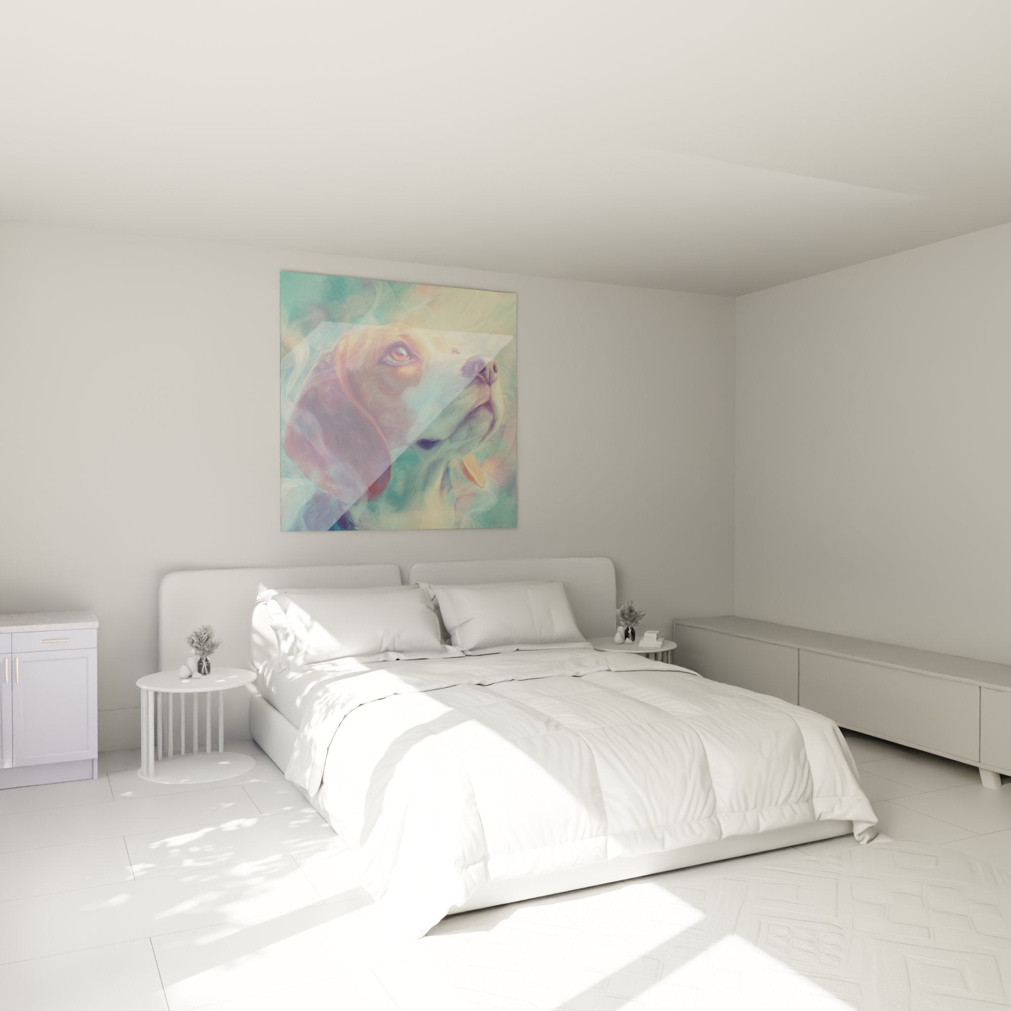 Beagle-Gemälde in Pastellfarben, das ein modernes Schlafzimmer mit sanften und beruhigenden Tönen dekoriert