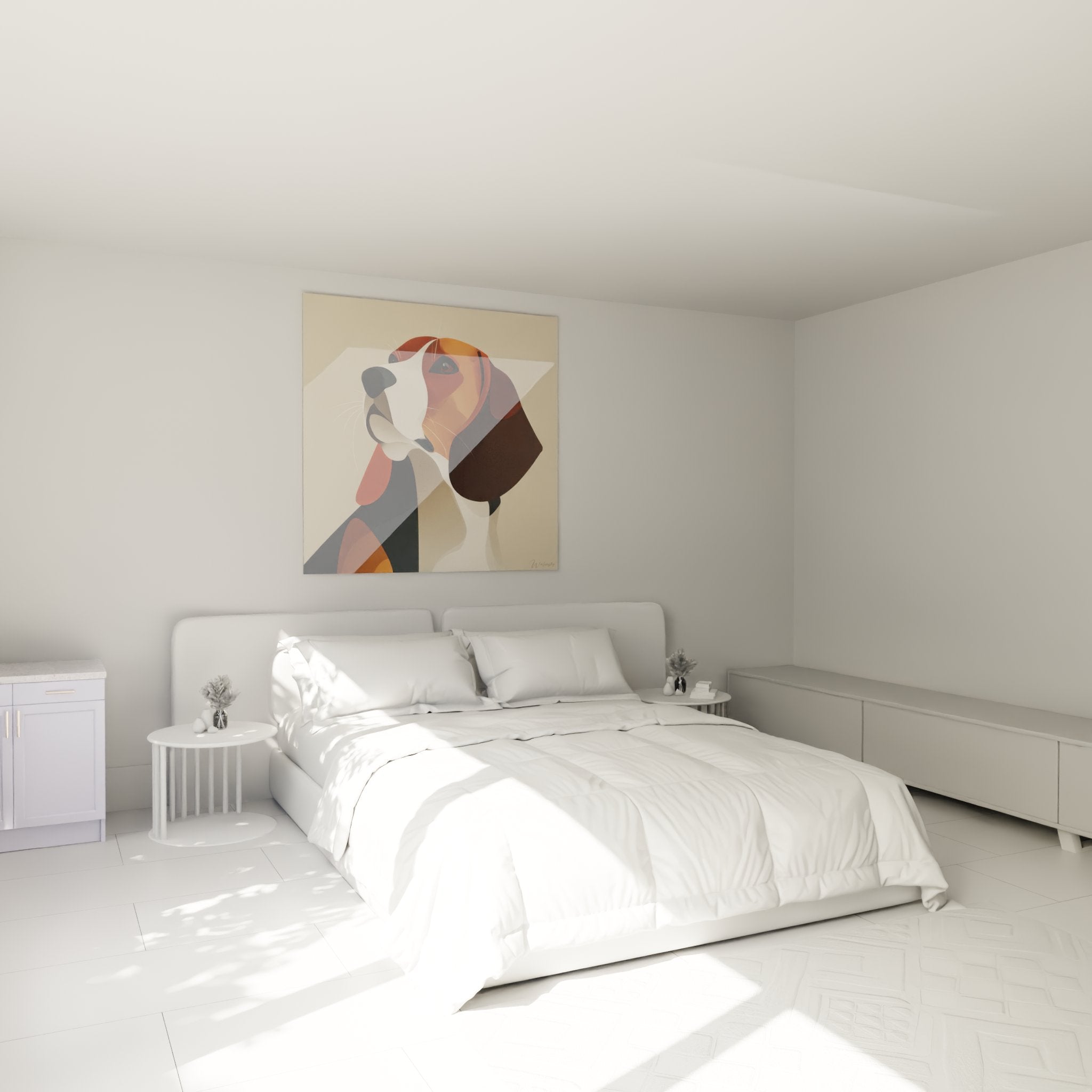 Geometrisches Beagle-Gemälde in Trikolore, das ein modernes Schlafzimmer in neutralen und warmen Tönen dekoriert