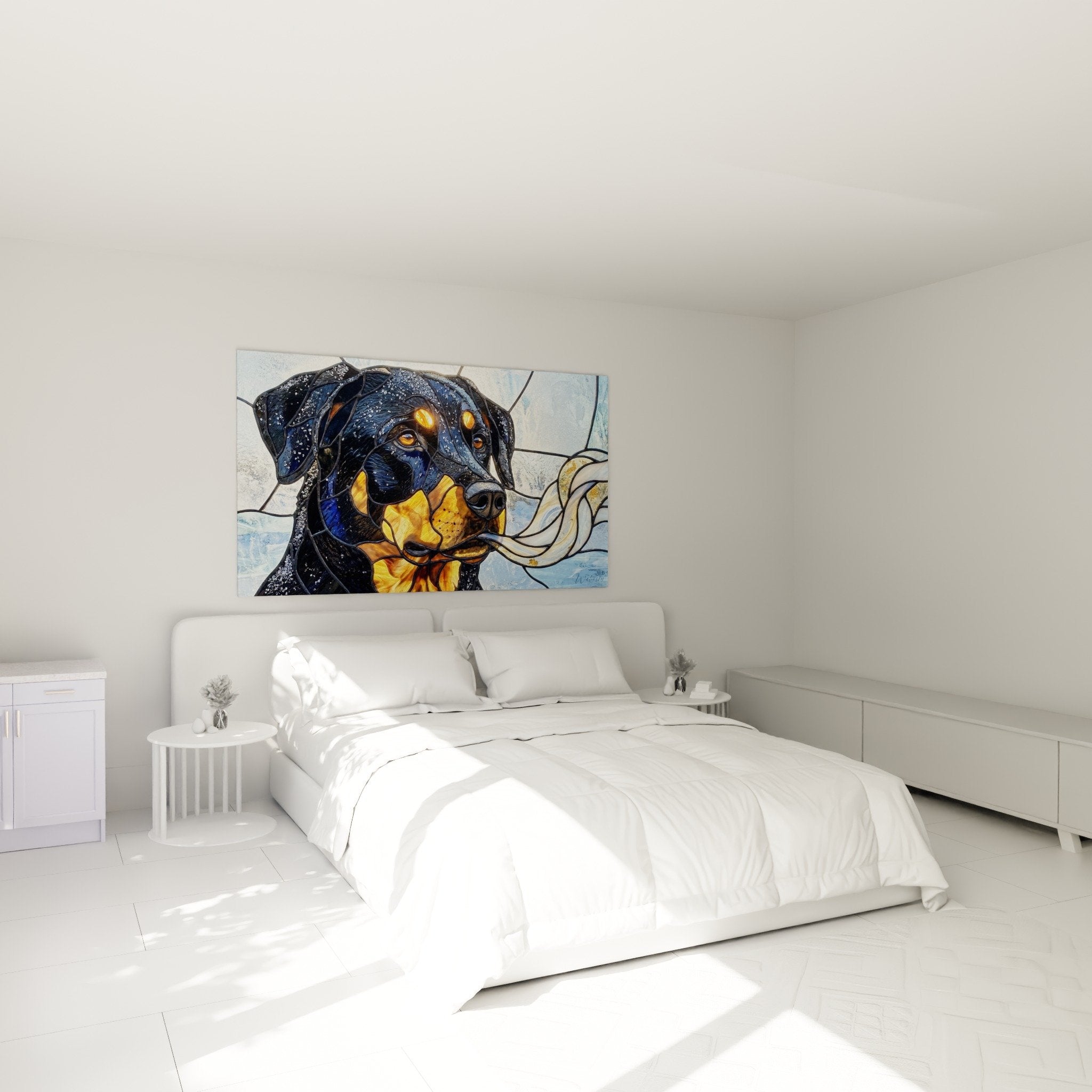 Tableau Beauceron style vitrail accroché dans chambre moderne avec déco tons neutres et éclairage naturel
