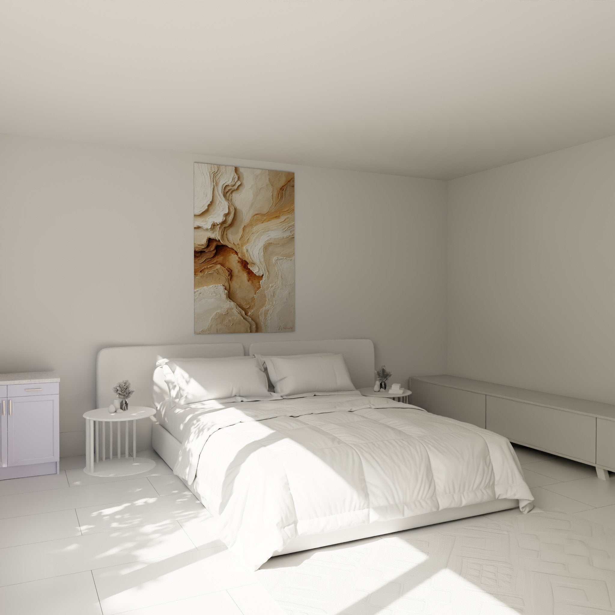 Abstract beige ochre wall art in modern bedroom - Textured zen wall decoration
