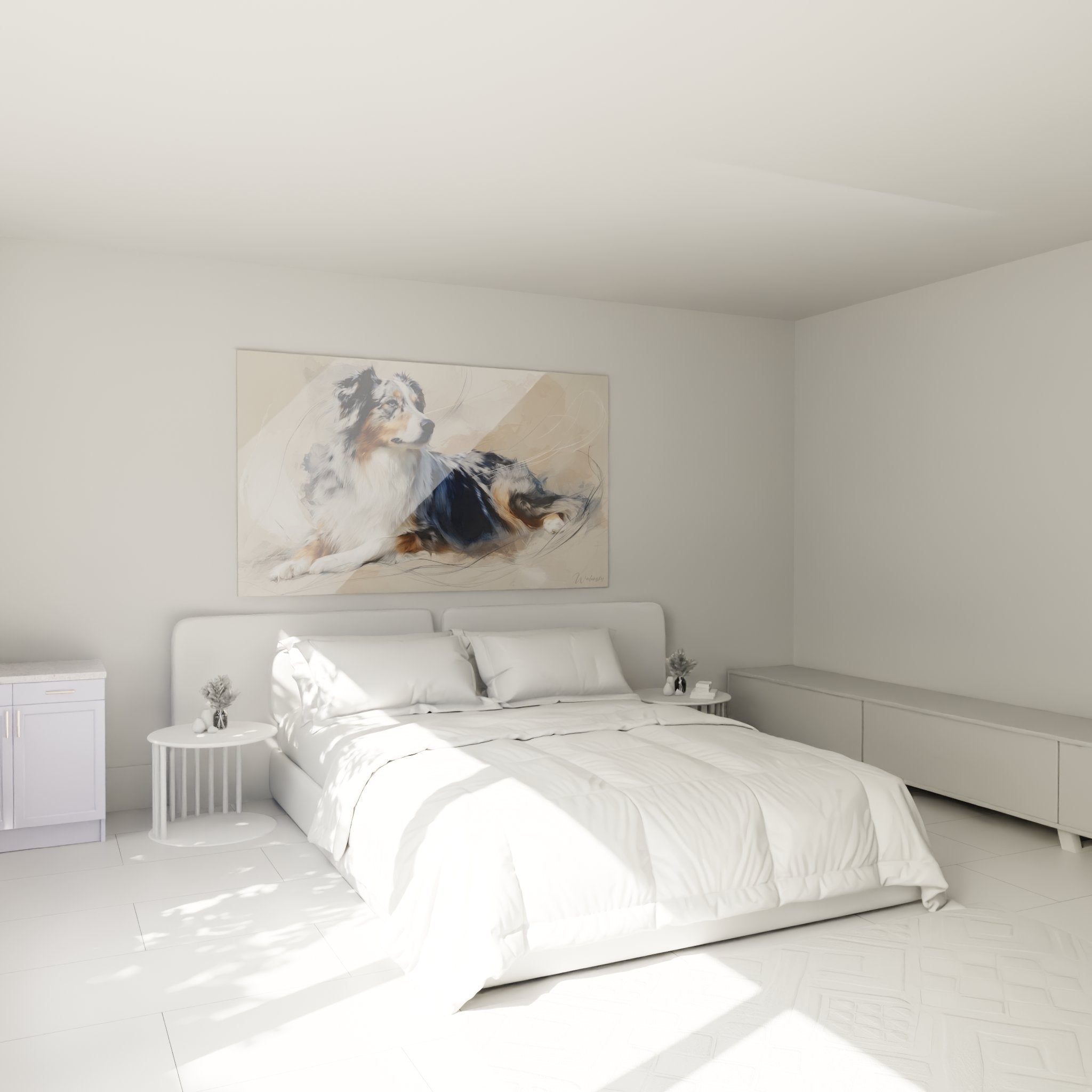 Schlafzimmerdekoration mit australischem Schäferhund Gemälde in dreifarbigem Design in gemütlicher und beruhigender Atmosphäre