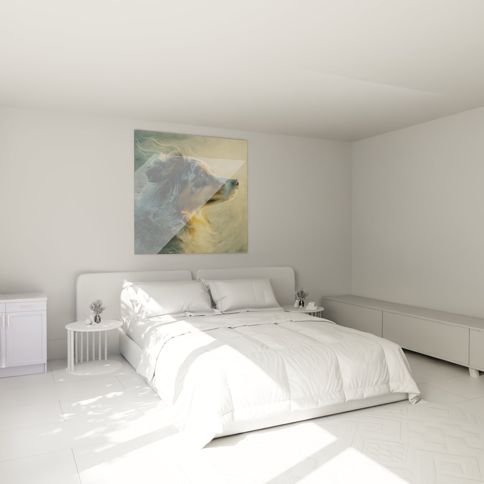 Schlafzimmer-Dekoration Australian Shepherd Porträt Hundetafel beige Wand gemütliche warme Atmosphäre