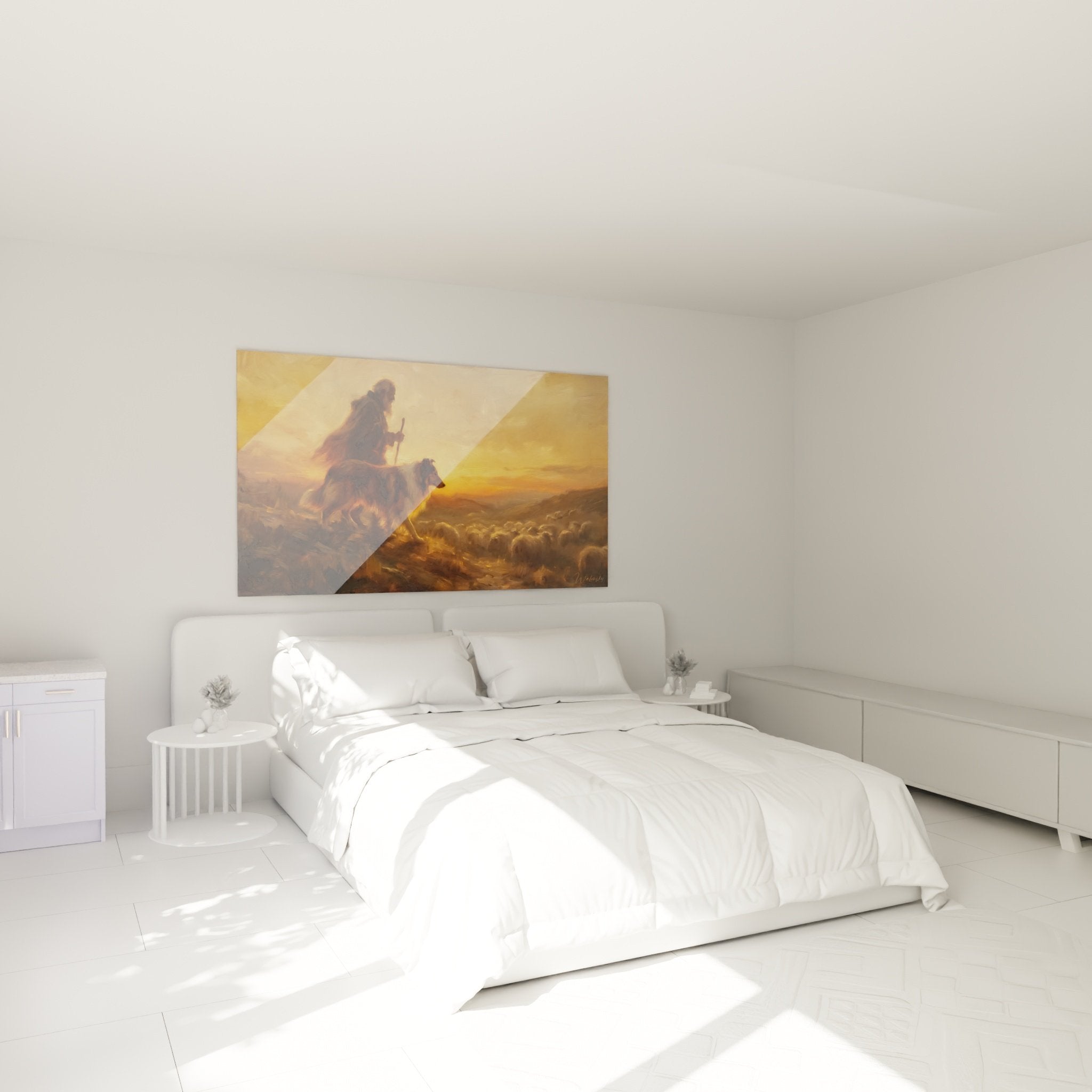 Tableau berger collie lumière dorée installé chambre décoration murale ambiance chaleureuse authentique