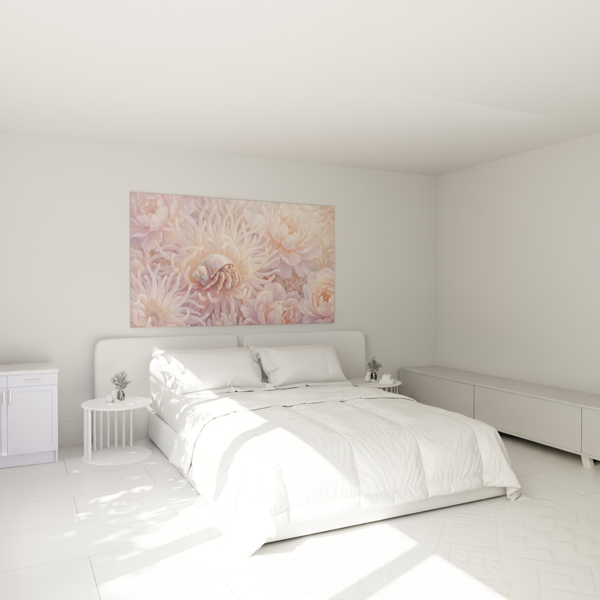 Gemälde Bernard-l'Hermite Pastell in modernem Schlafzimmer, sanfte und beruhigende Meeresdekor