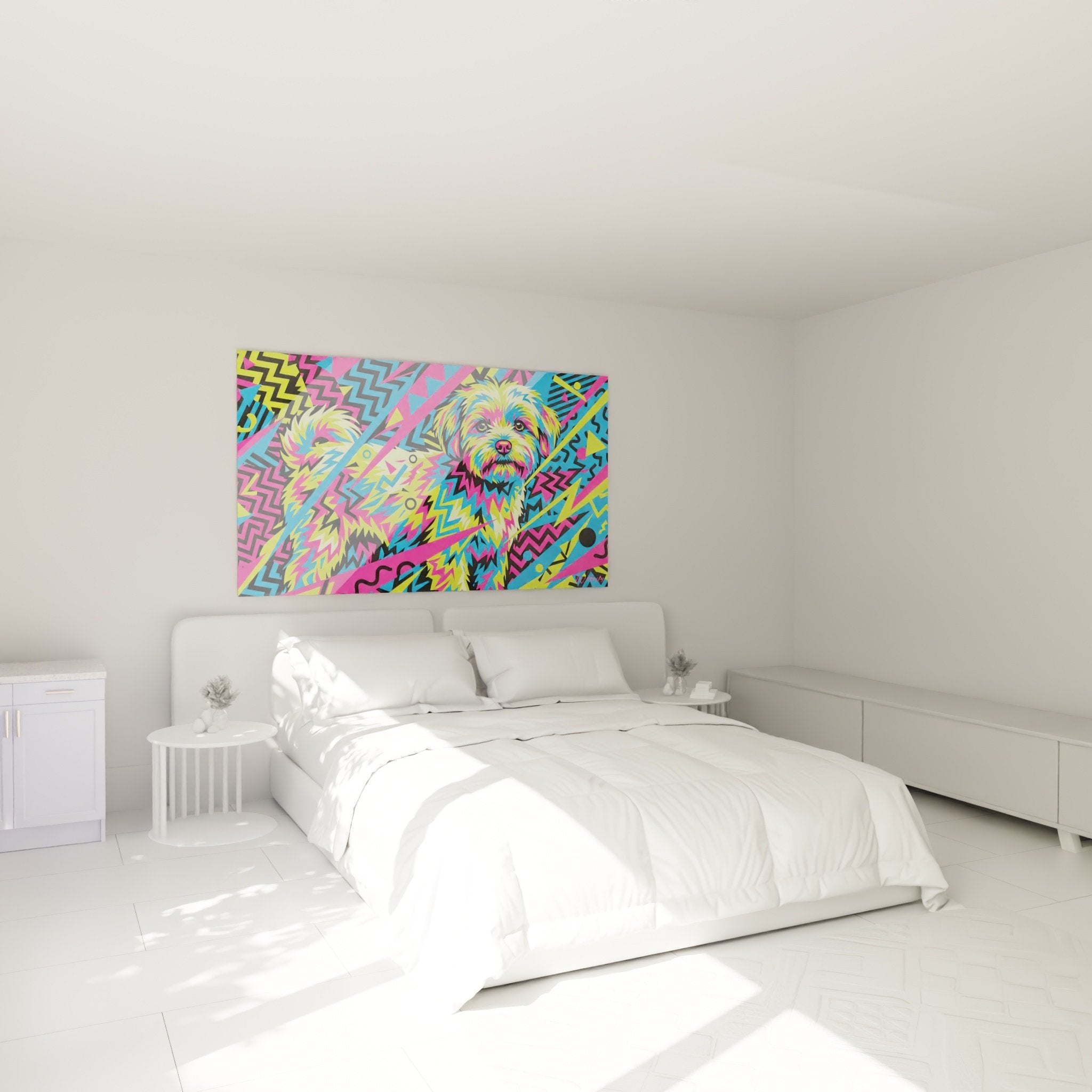 Modernes Schlafzimmer mit farbenfrohem Pop-Art-Bild eines Malteser Hundes an der Wand, zeitgenössische Atmosphäre