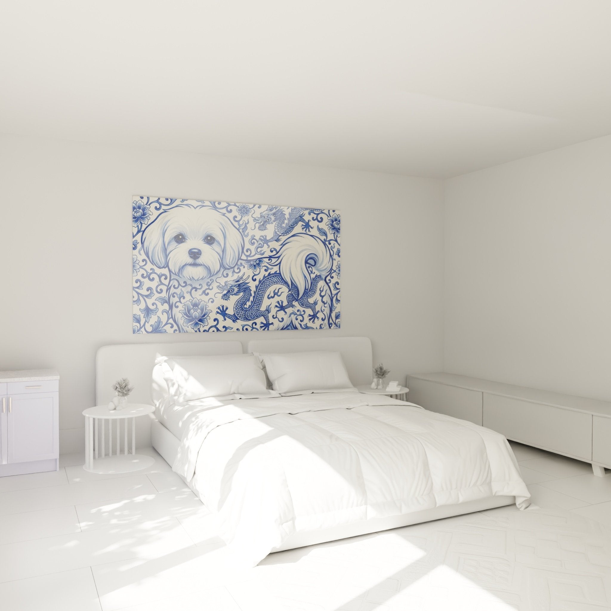 Tableau portrait chien Bichon Maltais décoratif dans chambre moderne aux tons bleus et blancs élégants