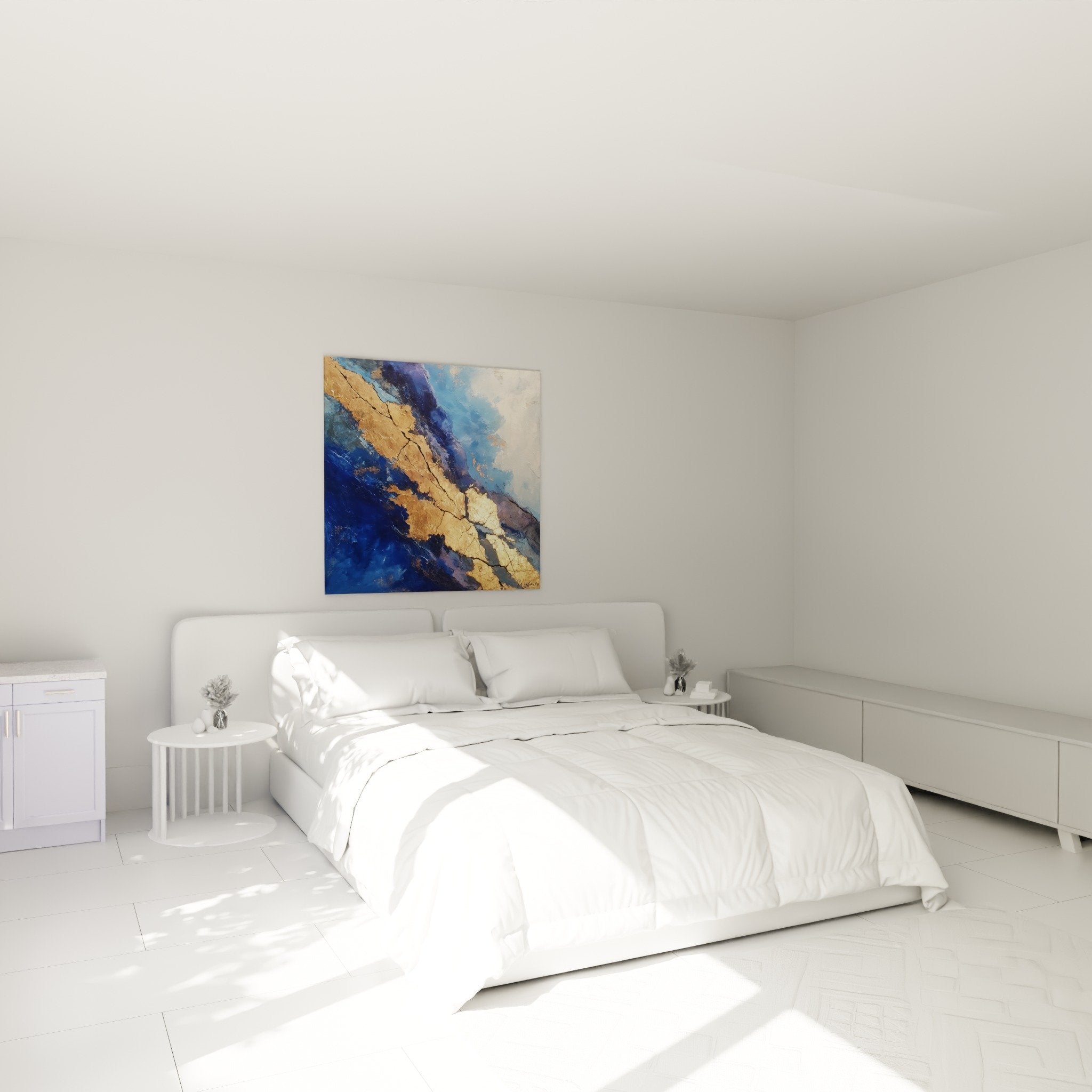 Décoration chambre tableau abstrait bleu doré feng shui eau ambiance apaisante