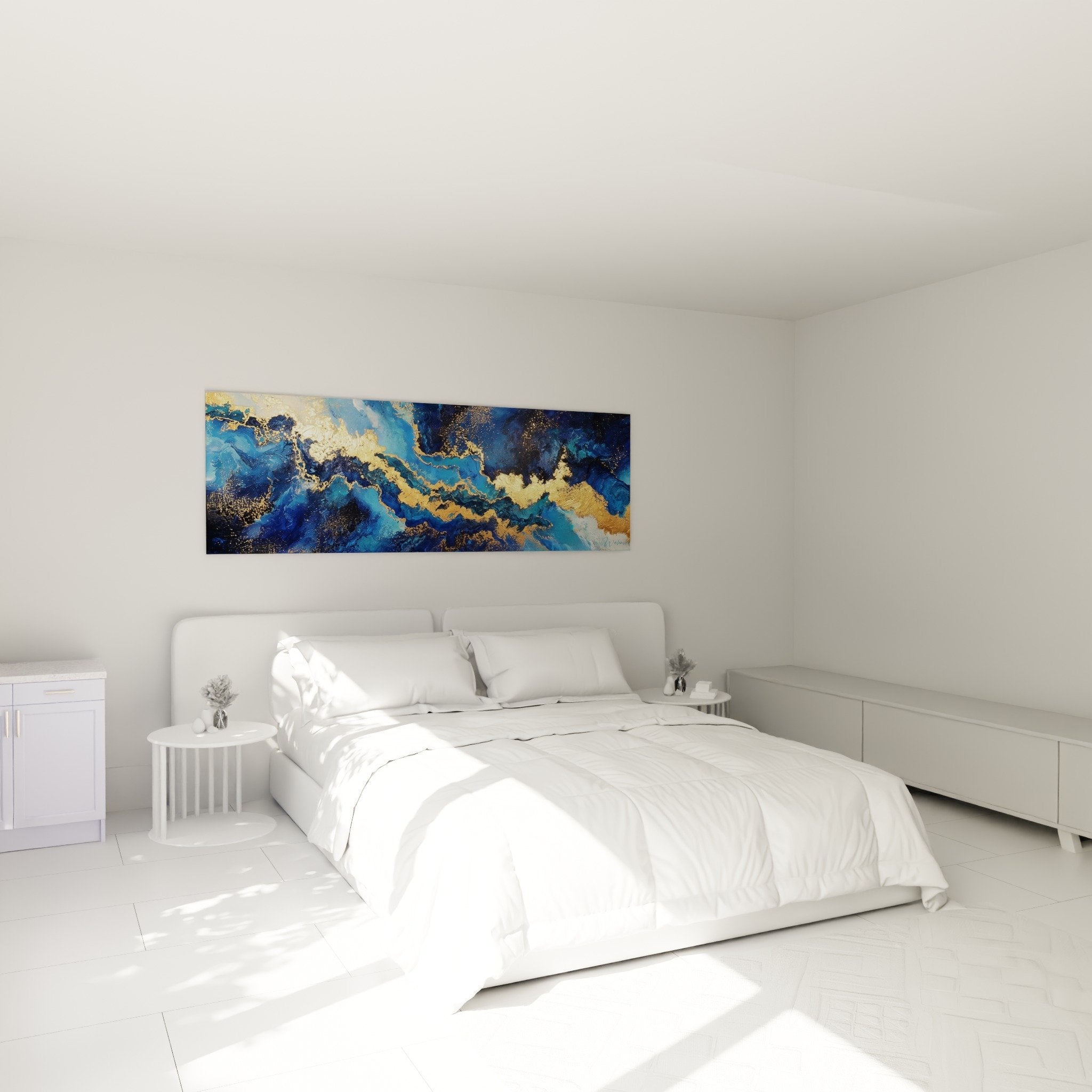 Blue and gold swirl artwork installed above bed in bedroom wall decoration feng shui north water element