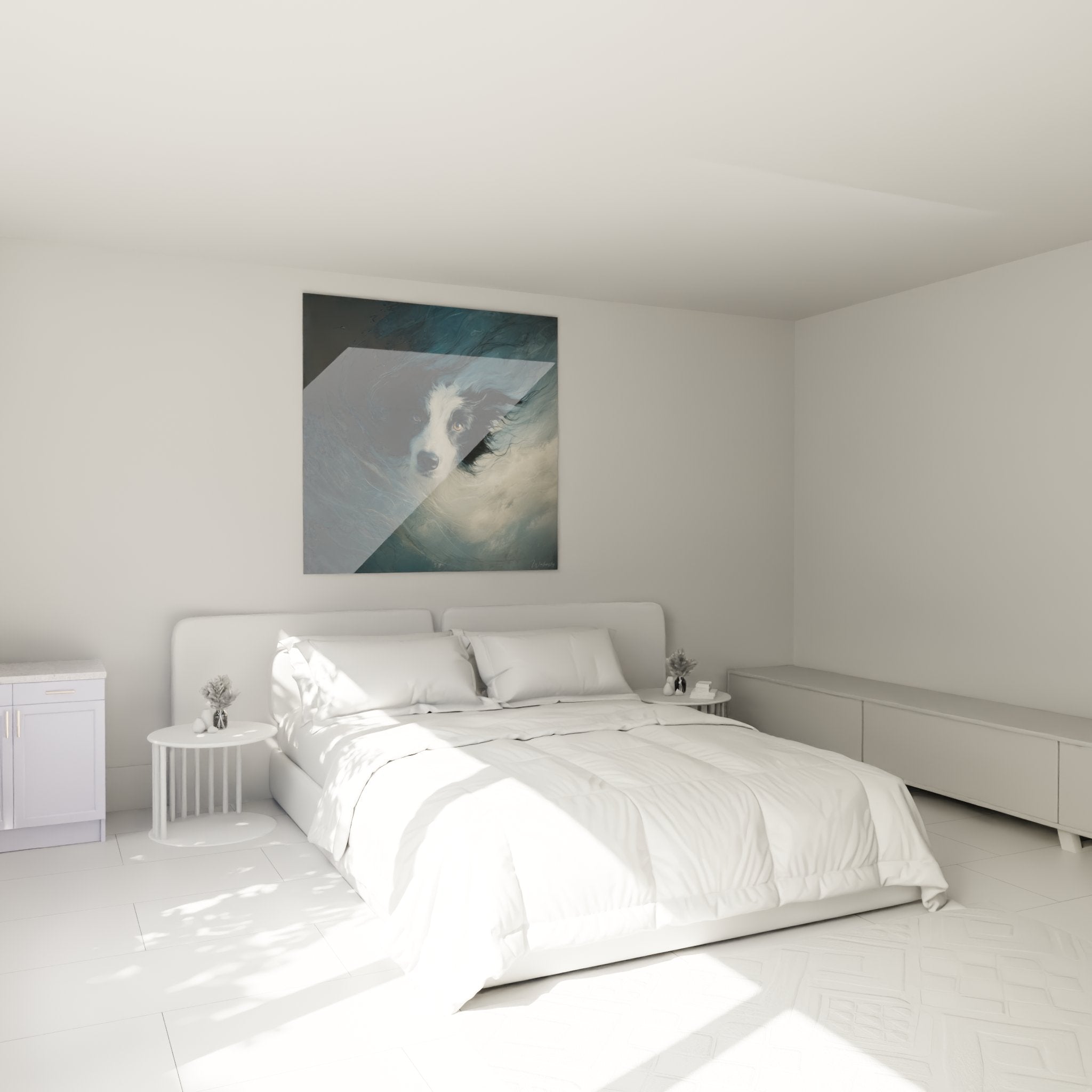 Tableau Border Collie tons bleutés décorant chambre moderne murs blancs ambiance apaisante art canin