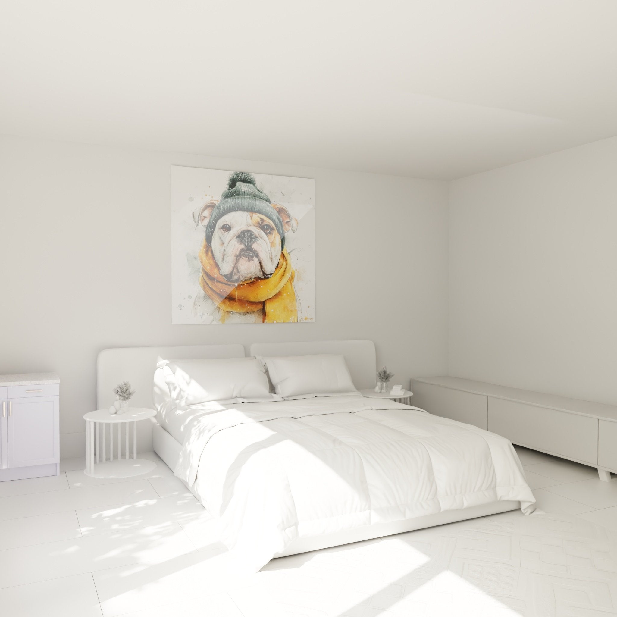 Englische Bulldogge Gemälde Winterkleidung Wanddekoration Schlafzimmer warme gemütliche Atmosphäre