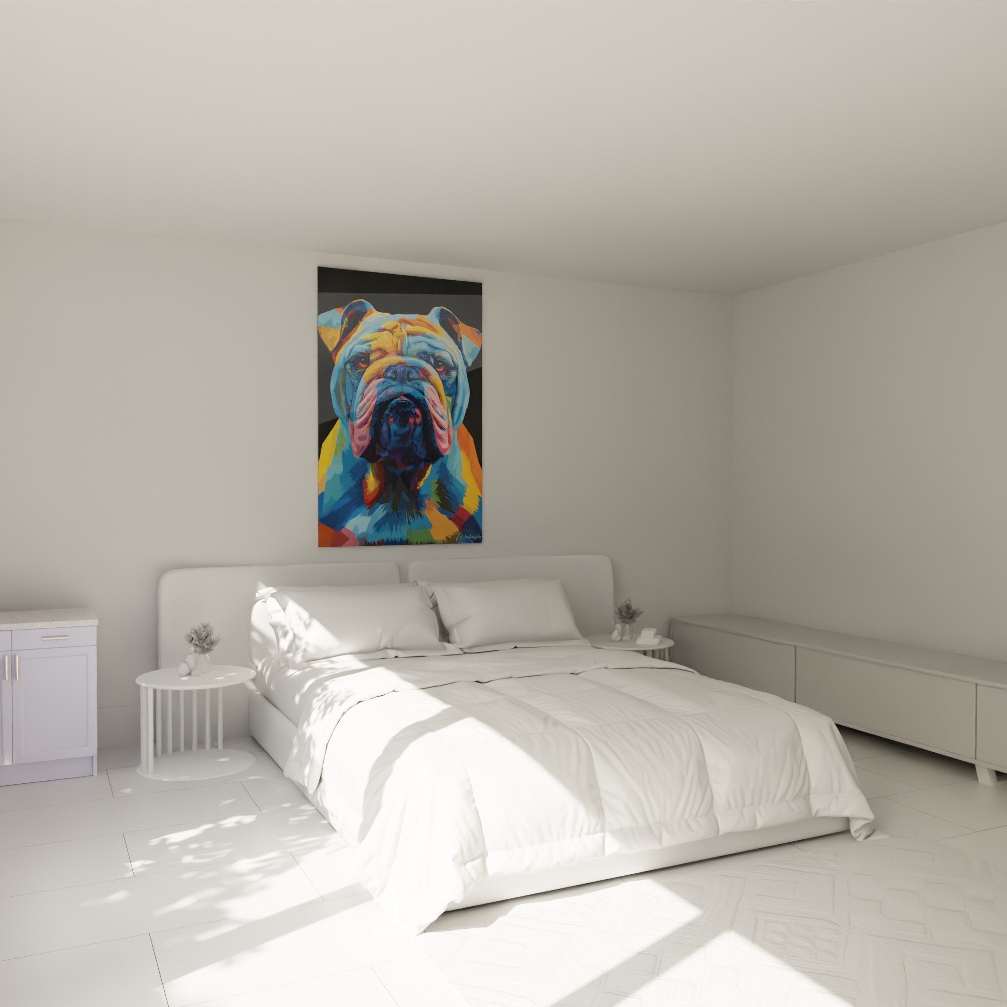 Mehrfarbiges Bulldoggen-Wandbild im Schlafzimmer aufgehängt, moderne Wanddekoration, blau-orange zeitgenössische Kunst