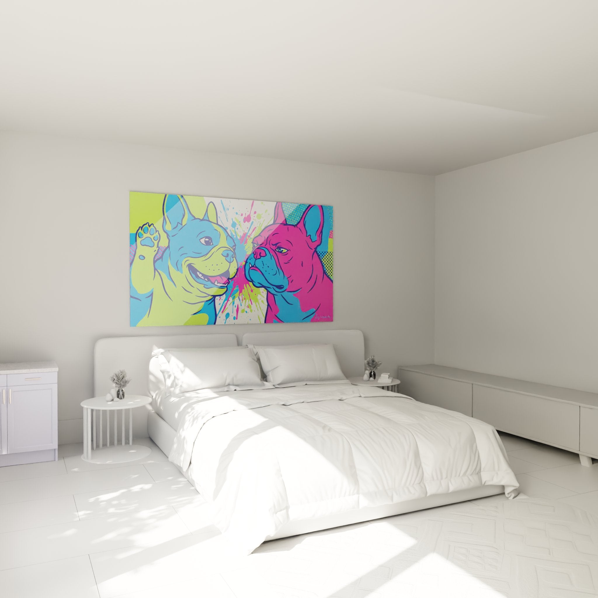 Schlafzimmer-Dekoration Gemälde französische Bulldogge Pop-Art lebendige Farben Blau Rosa weiße Wand