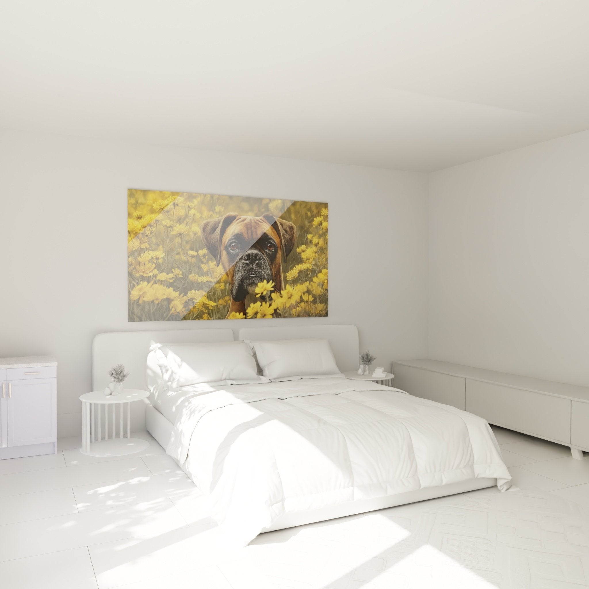 Boxergemälde mit gelben Blumen, das ein modernes Schlafzimmer mit warmen und beruhigenden Tönen dekoriert