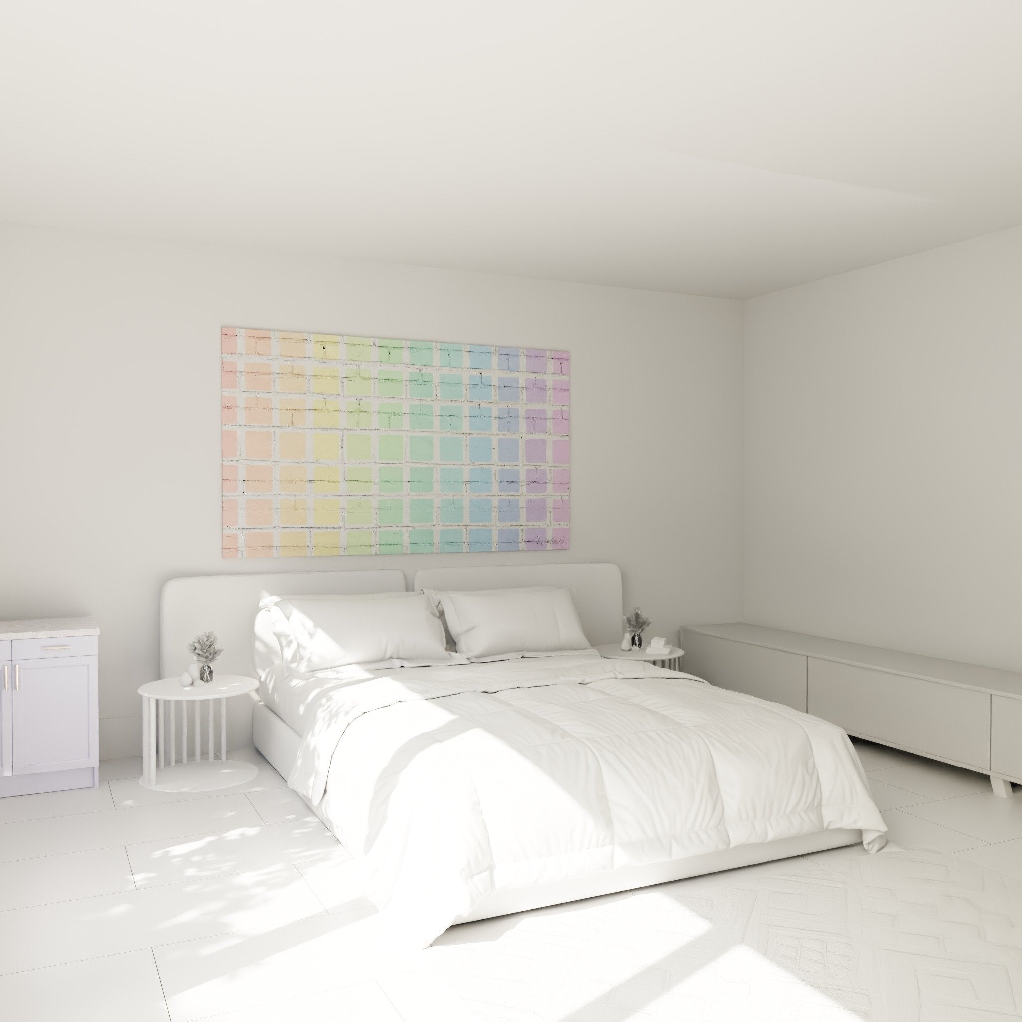 Schlafzimmerdekoration mit Pastell-Ziegelstein-Kunstwerk in sanfter und moderner Atmosphäre über dem Bett