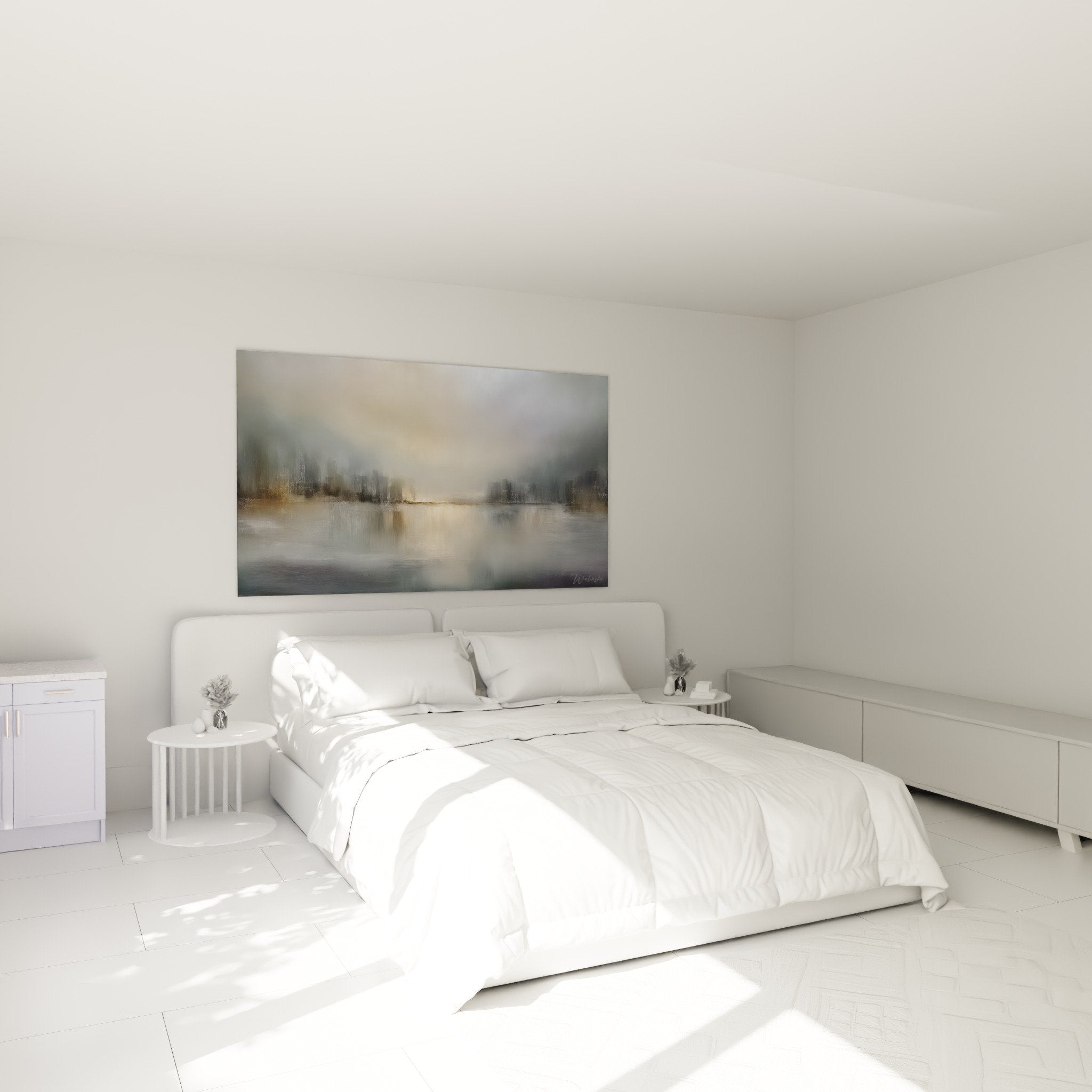 modern bedroom decor abstract painting urban mist gray gold calming feng shui northwest metal